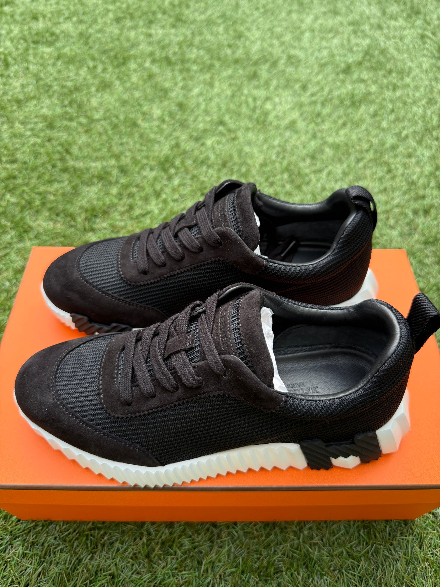 HERMES BOUNCING BLACK MESH/ SUEDE WHITE SOLE TRAINERS FASHION SNEAKERS