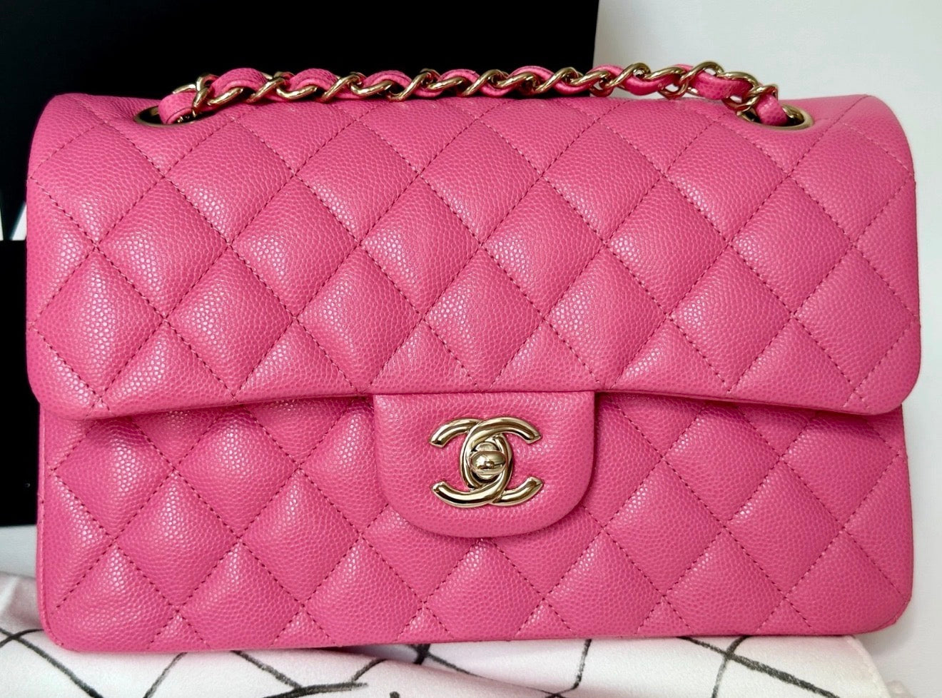 CHANEL PINK CAVIAR LEATHER SMALL CLASSIC DOUBLE FLAP BAG LIGHT GOLD HARDWARE