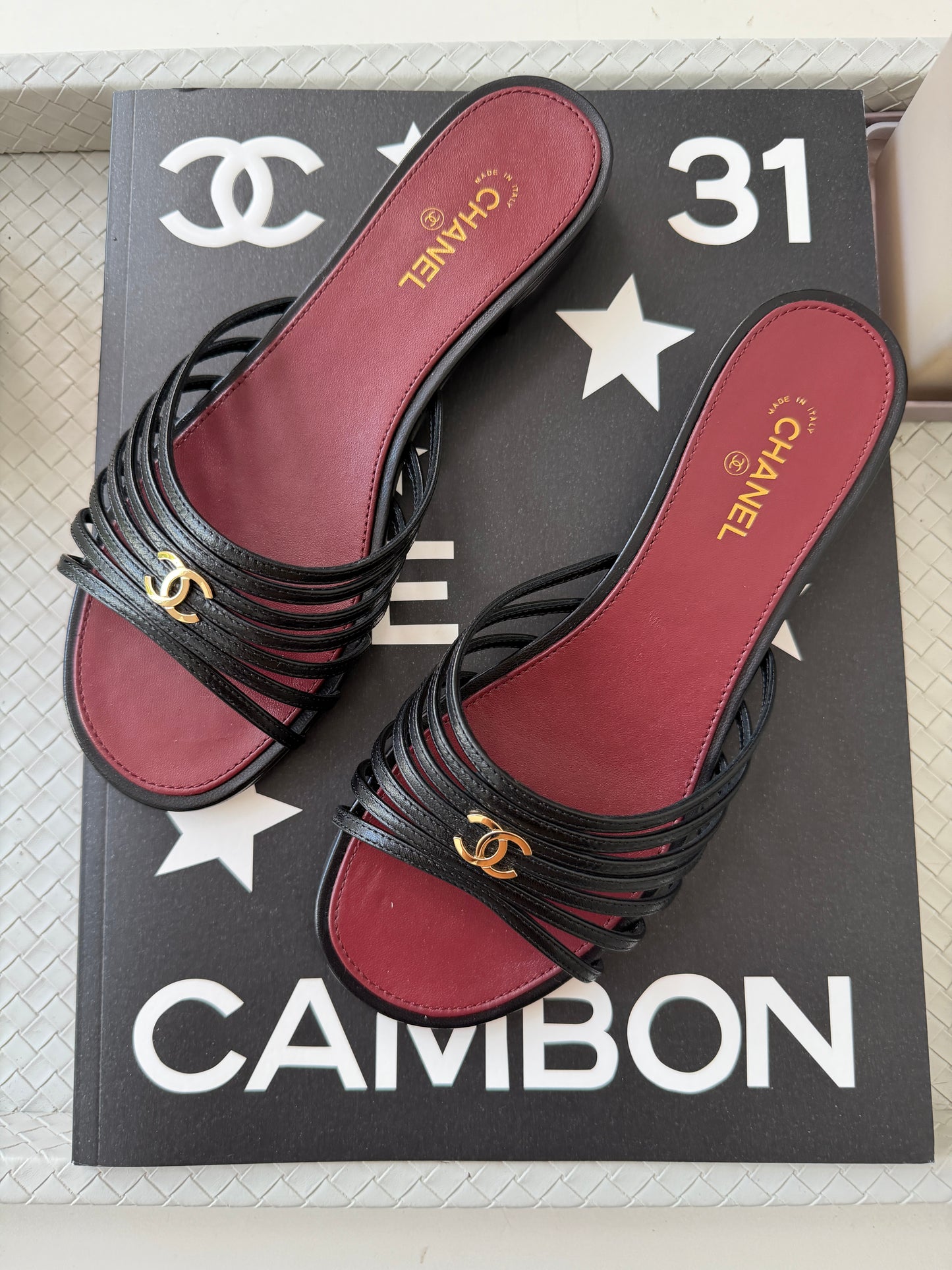 Chanel 2026 Métiers d'Art Blazy Black Leather Strappy Gold CC Logo Flat Sandals Slides