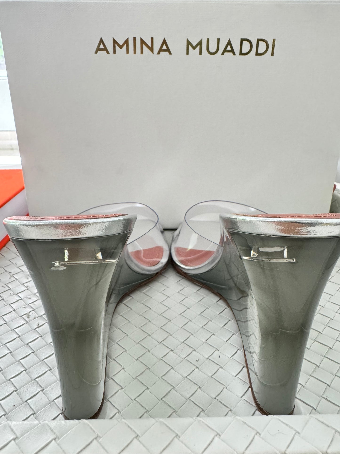Amina Muaddi Lupita Glass Wedge PVC Clear Silver Mule Sandals Heel Shoes