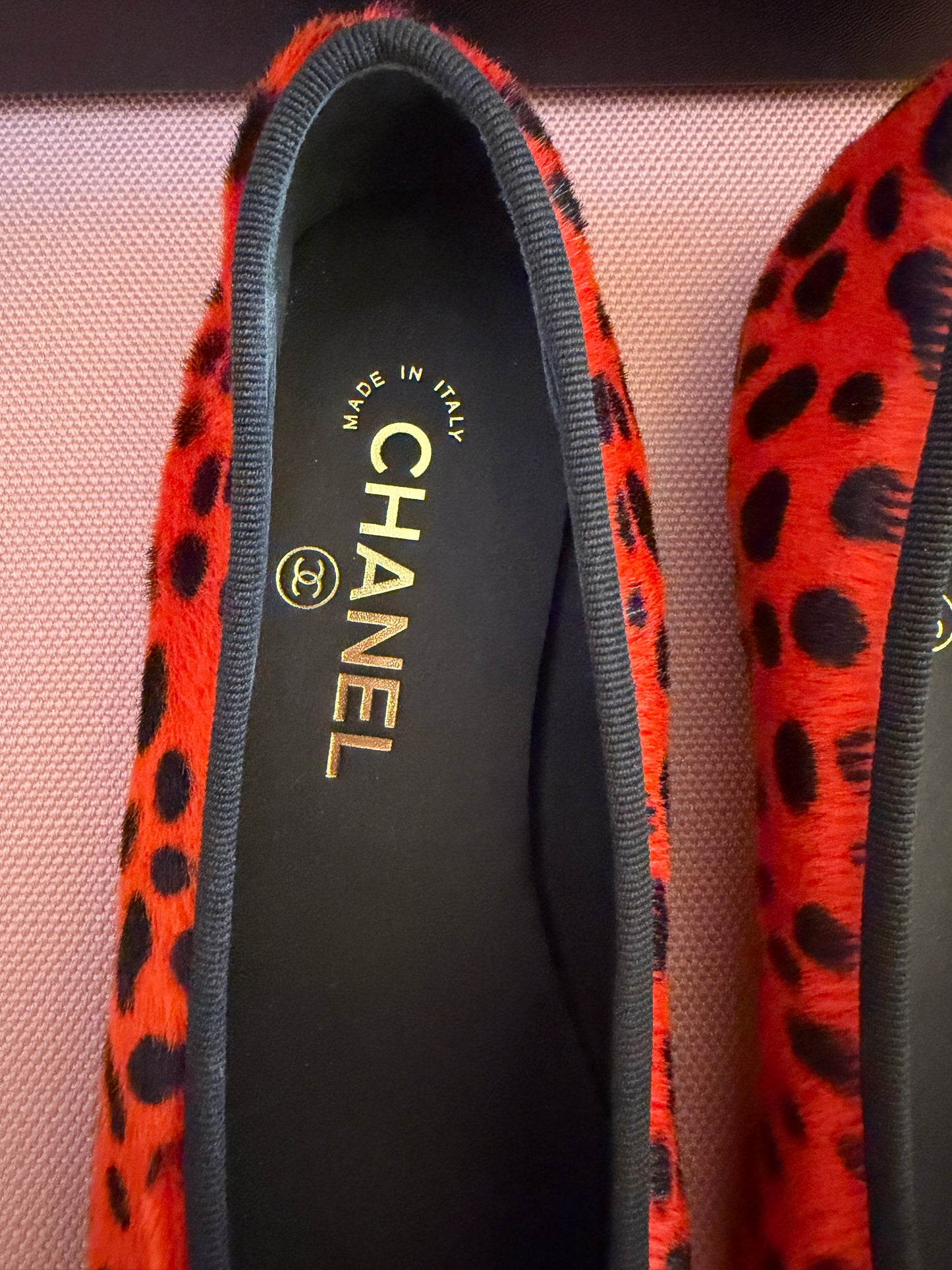 Chanel MÉTIERS D’ART 26 Red Orange Black White Pony Hair Animal Print Ballet Flats