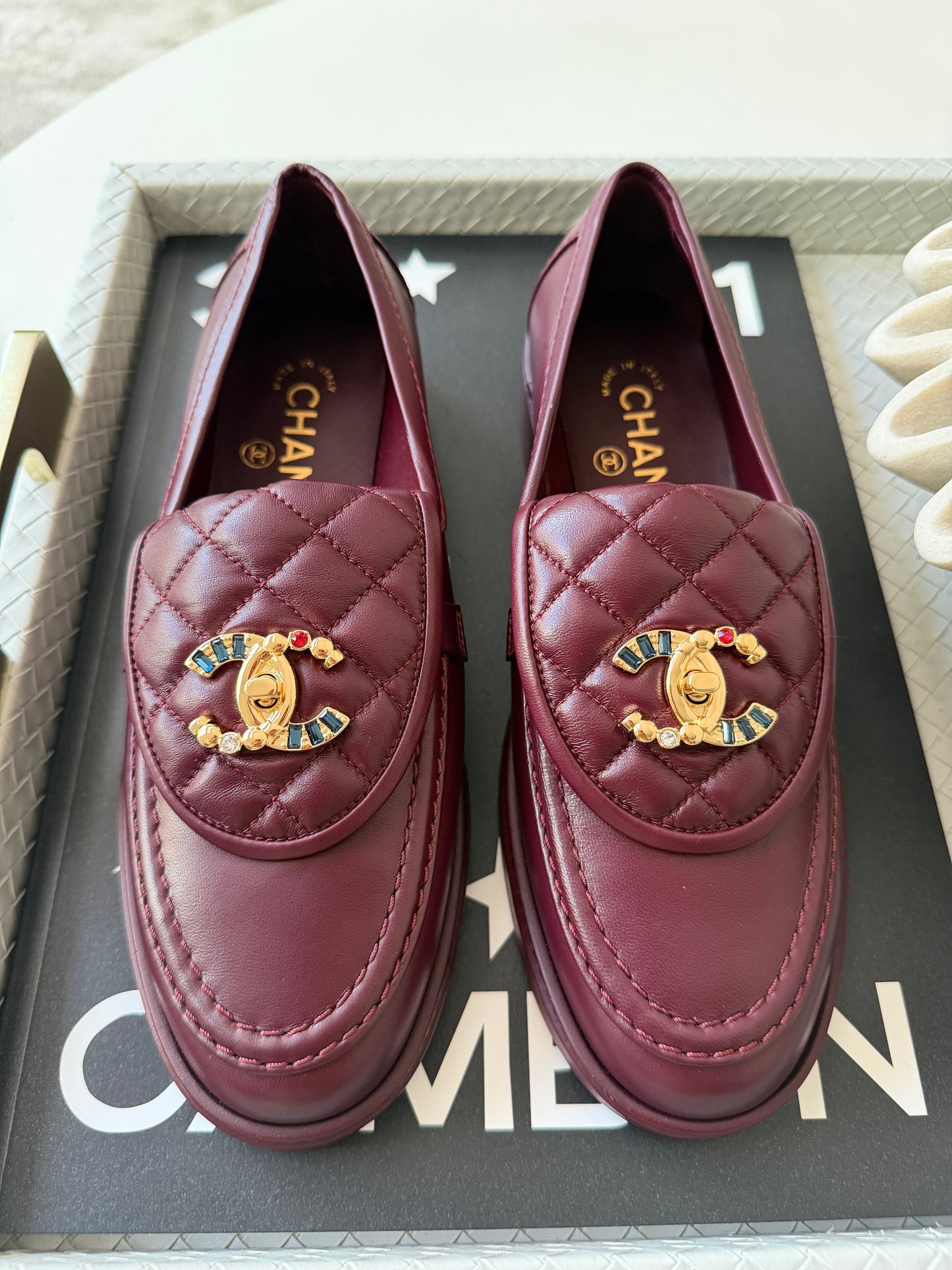 CHANEL BURGUNDY LEATHER LOAFERS OXFORD SHOES GOLD STRASS GEMS CC TURNLOCK MOCCASINS