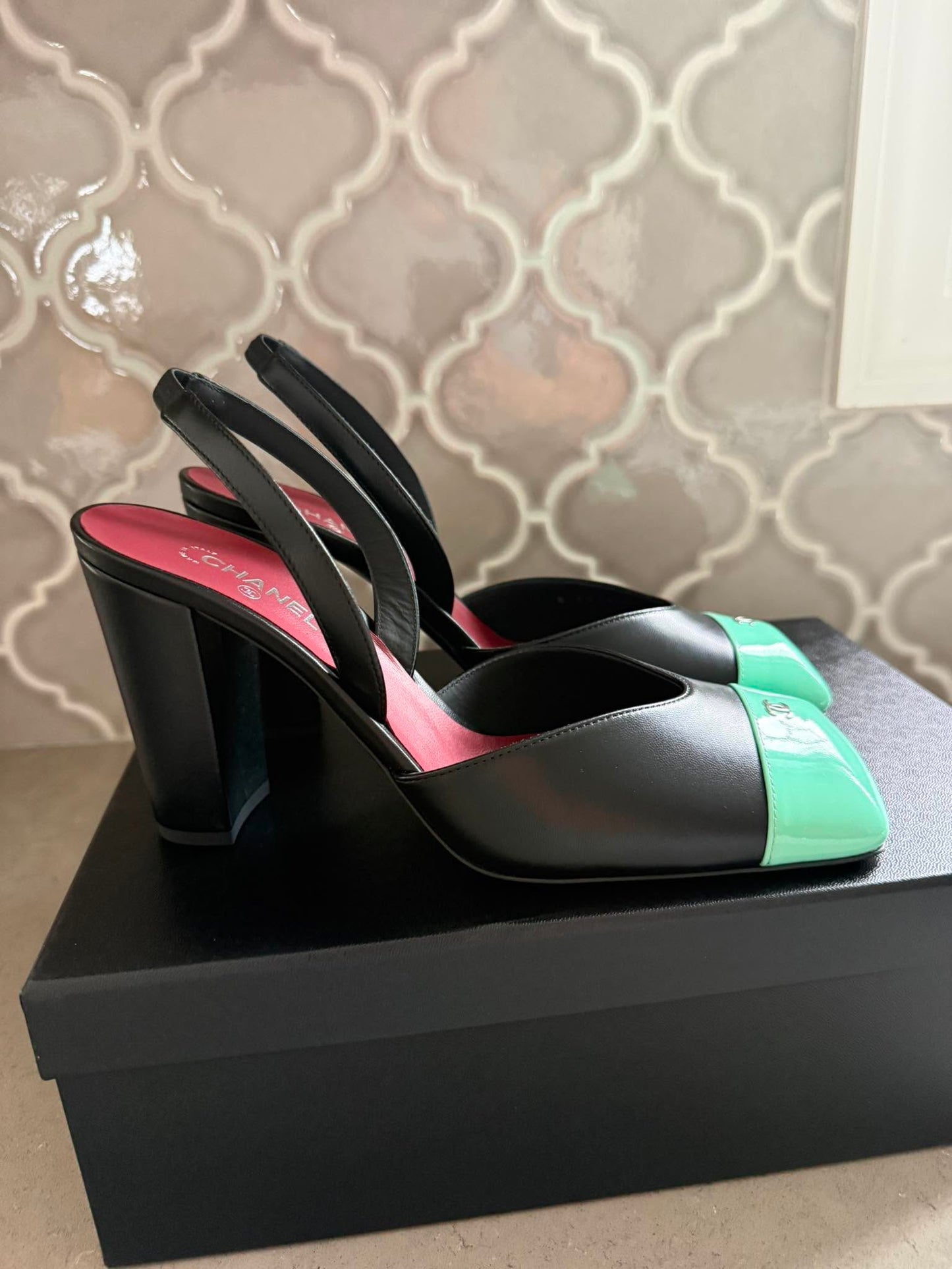 Chanel 26S Blazy Black Green Minty Square Cap Toe Sling CC Slingback Chunky Heel Pumps