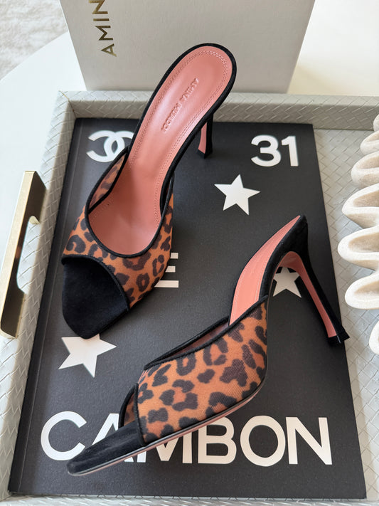 Amina Muaddi 95mm Alexa Black/Brown Leopard Print Mesh Mules Pumps Slides Animal Print Nylon Mule
