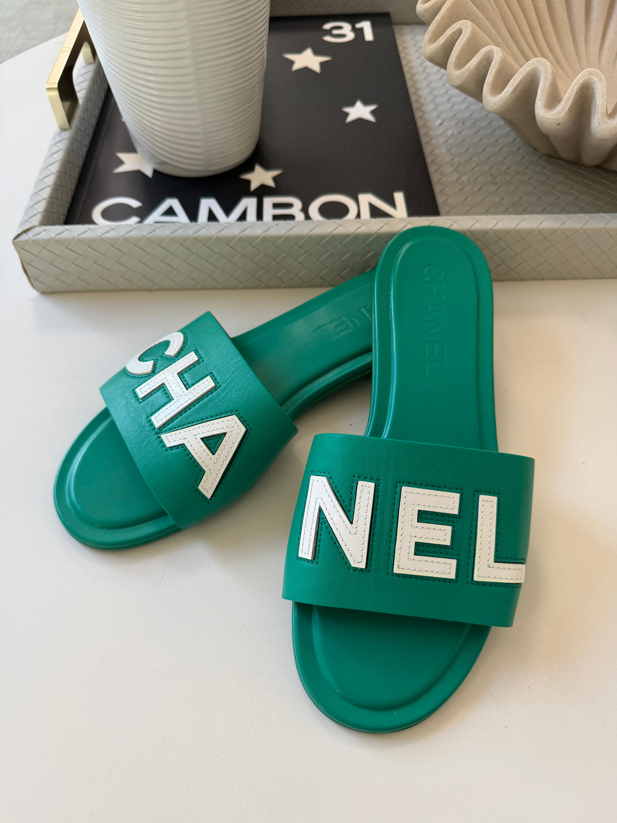 CHANEL CHA NEL LOGO GREEN LEATHER FLAT SHOES SLIDES MULES
