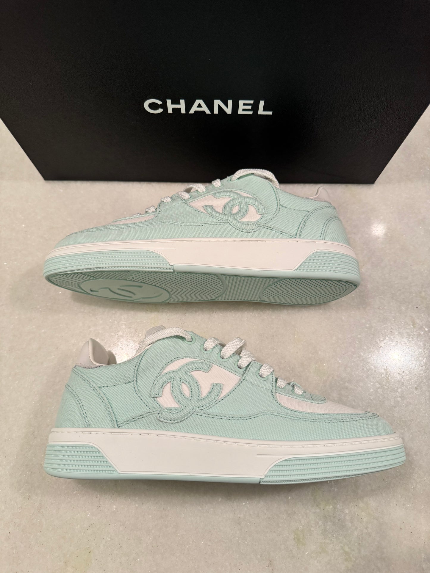 Chanel 24C Cruise 2024 Light Turquoise White Cotton CC Logo Trainers Sneakers