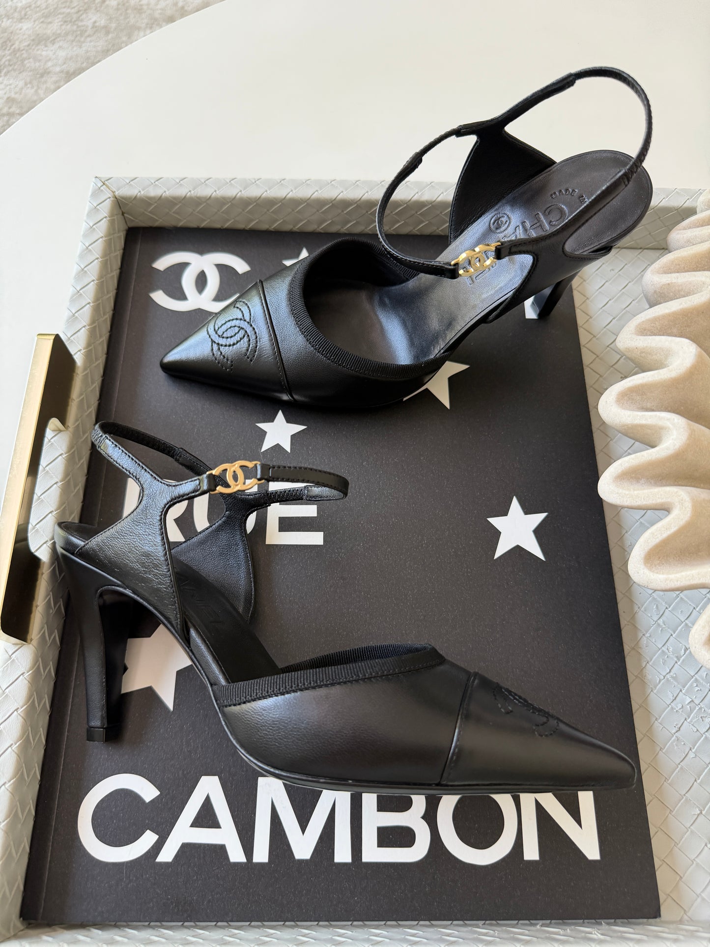 CHANEL SS 2026 BLAZY BLACK CAP POINTED TOE LEATHER CC LOGO HEELS SHOES PUMPS SLINGBACKS