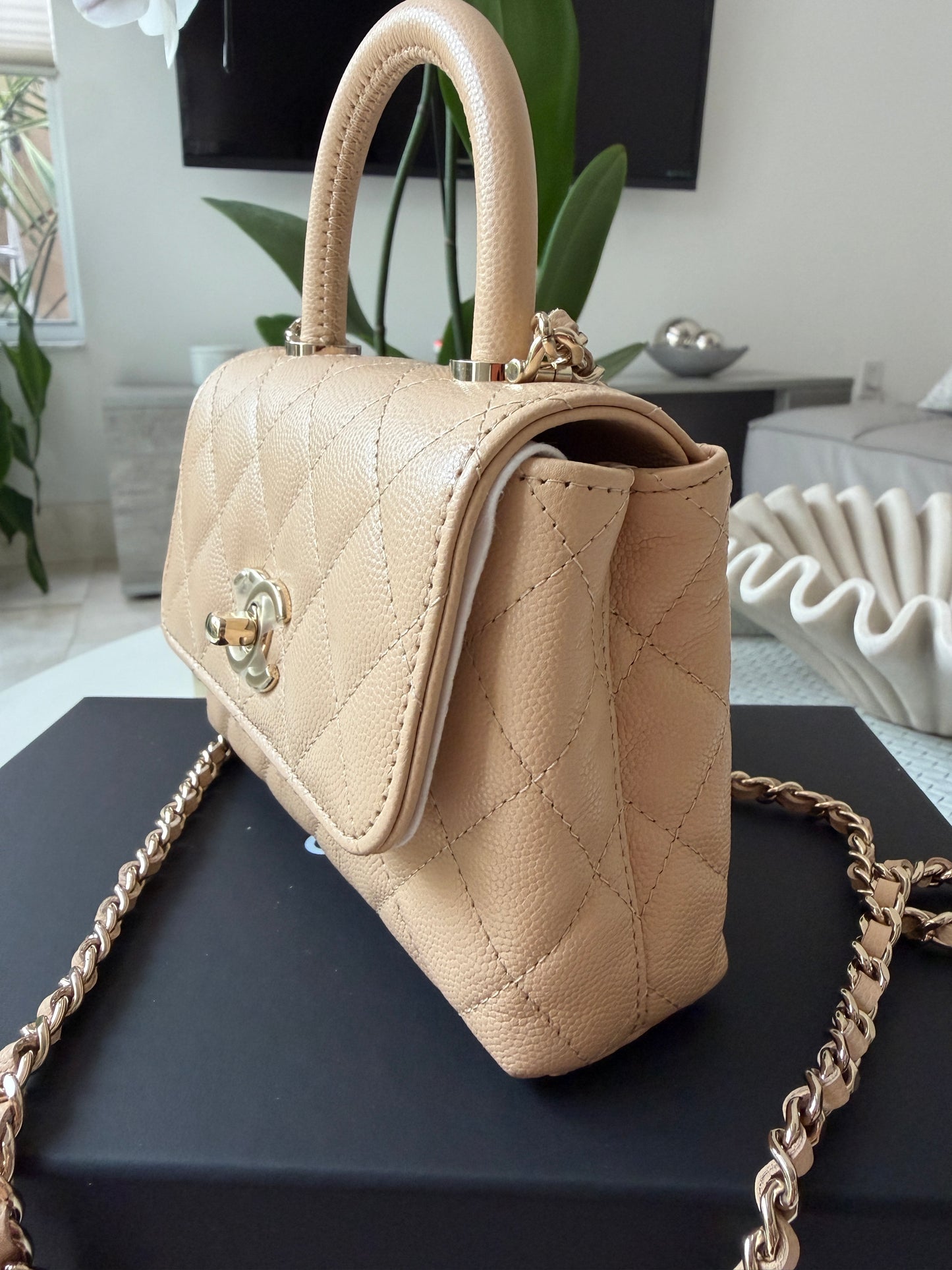 Chanel 24K AP4244 Micro Coco Handle Extra Mini Classic Flap Bag Beige Caviar Clutch with Chain Gold HW