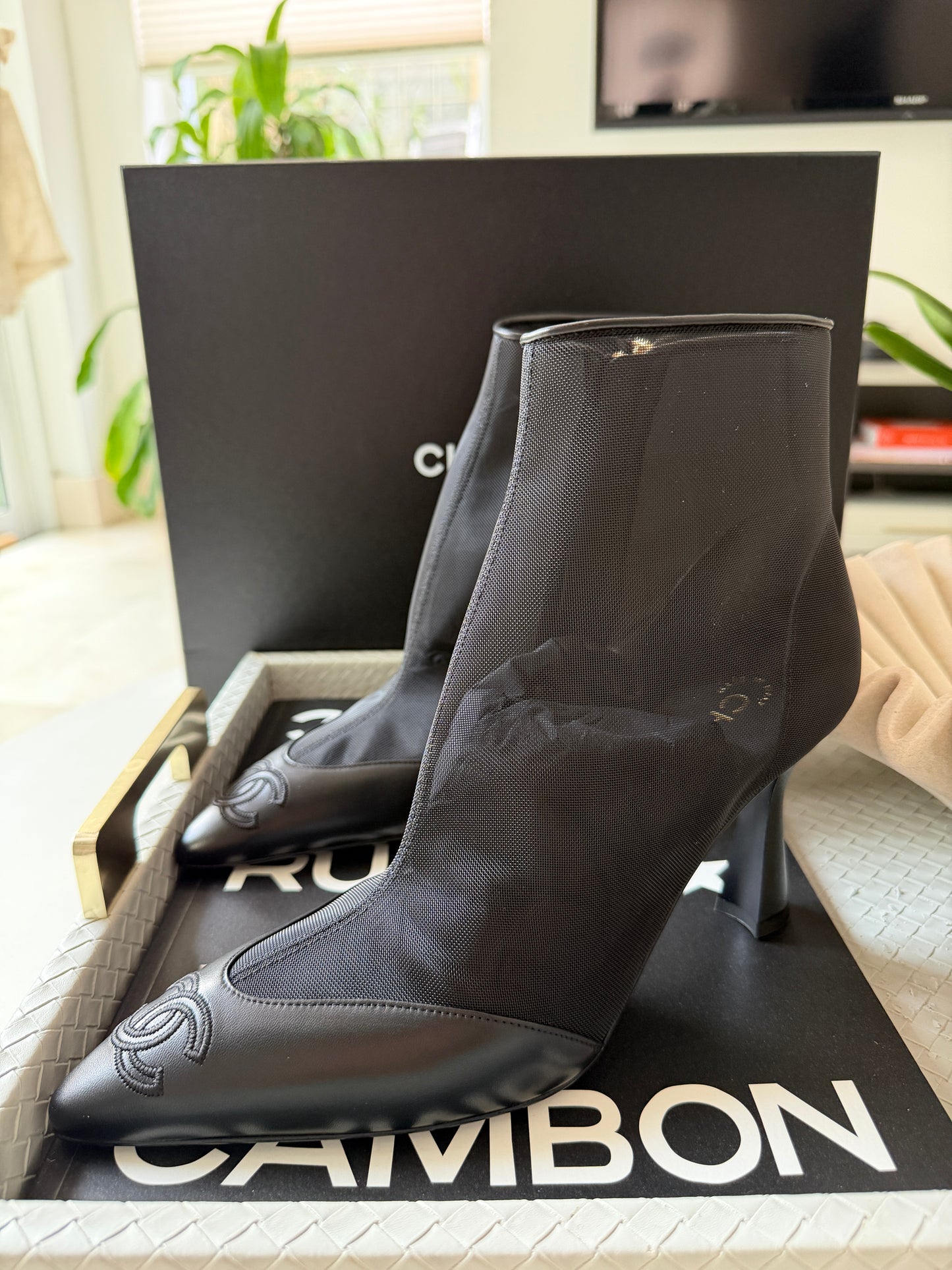 Chanel 26B Black Mesh Lambskin Leather CC Logo Cap Toe Booties Ankle Boots