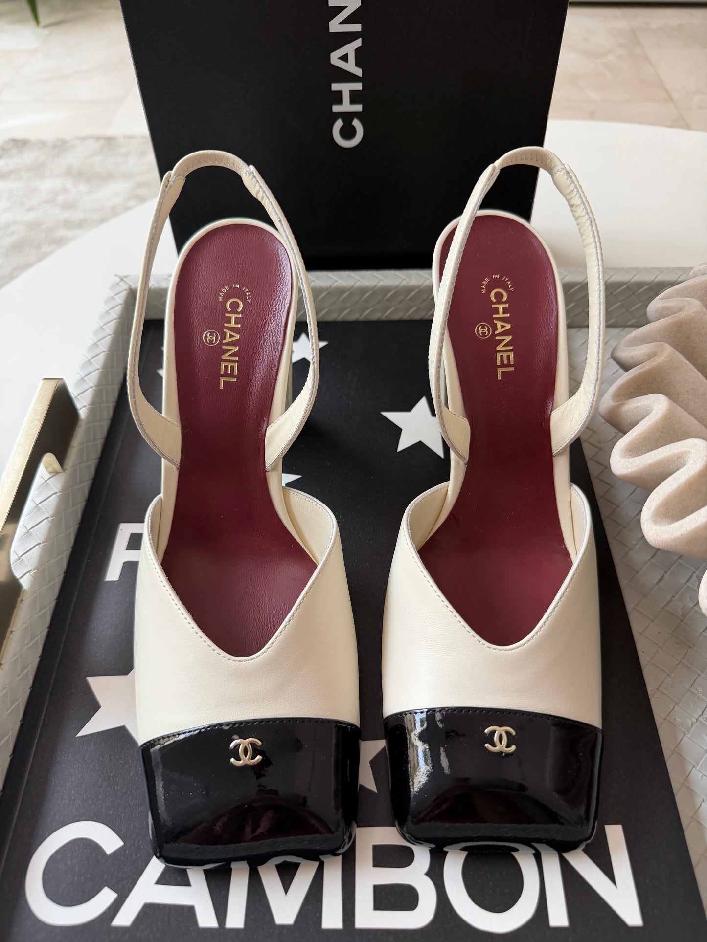 Chanel 26S Blazy Ivory Ecru Black Square Cap Toe Sling CC Slingback Chunky Heel Pumps
