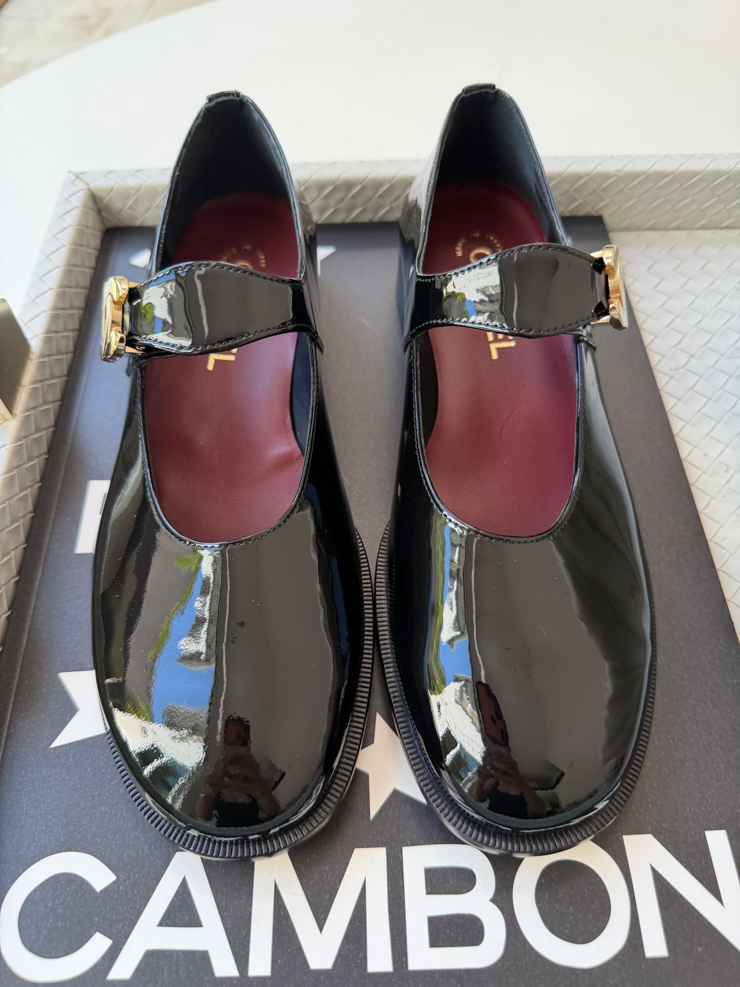 CHANEL 26B BLACK PATENT LEATHER MARYJANES GOLD CC LOGO ADJUSTABLE LOCK FLATS