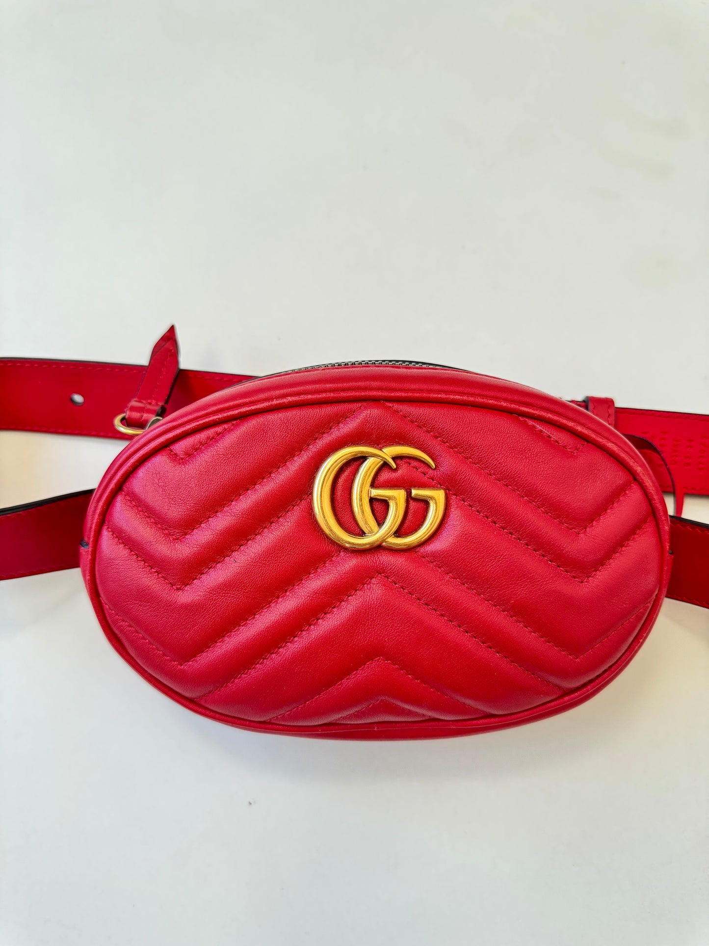 Gucci Marmont Red Leather GG Logo Belt Bag Pouch Pre-Owned