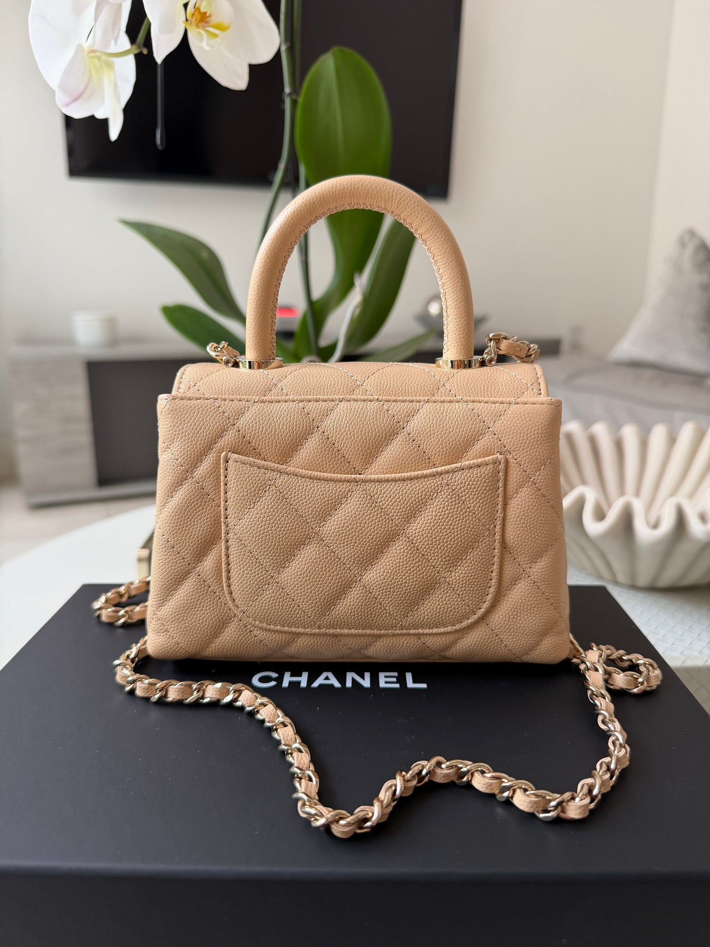 Chanel 24K AP4244 Micro Coco Handle Extra Mini Classic Flap Bag Beige Caviar Clutch with Chain Gold HW