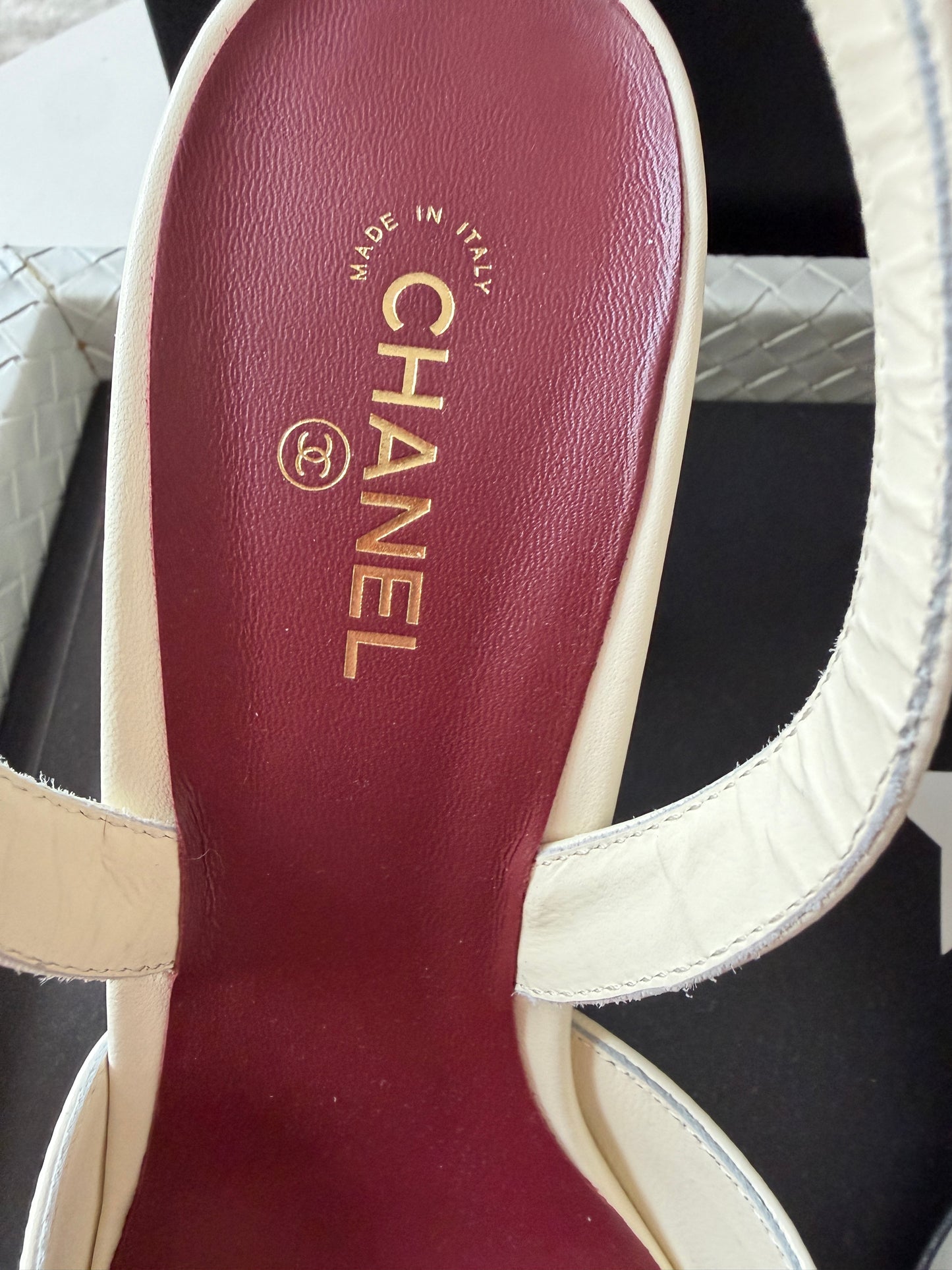 Chanel 26S Blazy Ivory Ecru Black Square Cap Toe Sling CC Slingback Chunky Heel Pumps