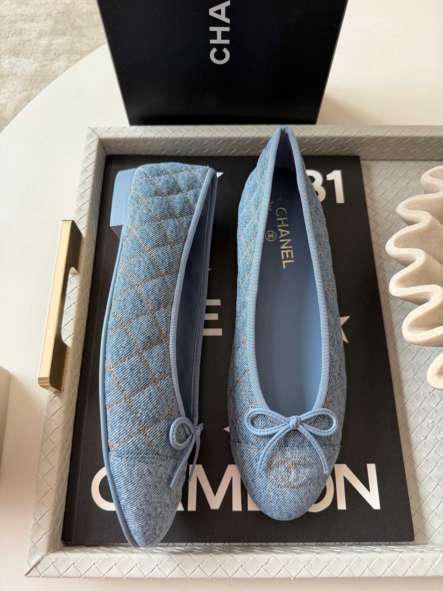 Chanel 26B Blazy Quilted Denim CC Logo Ballet Flats Light Blue Jean Ballerina