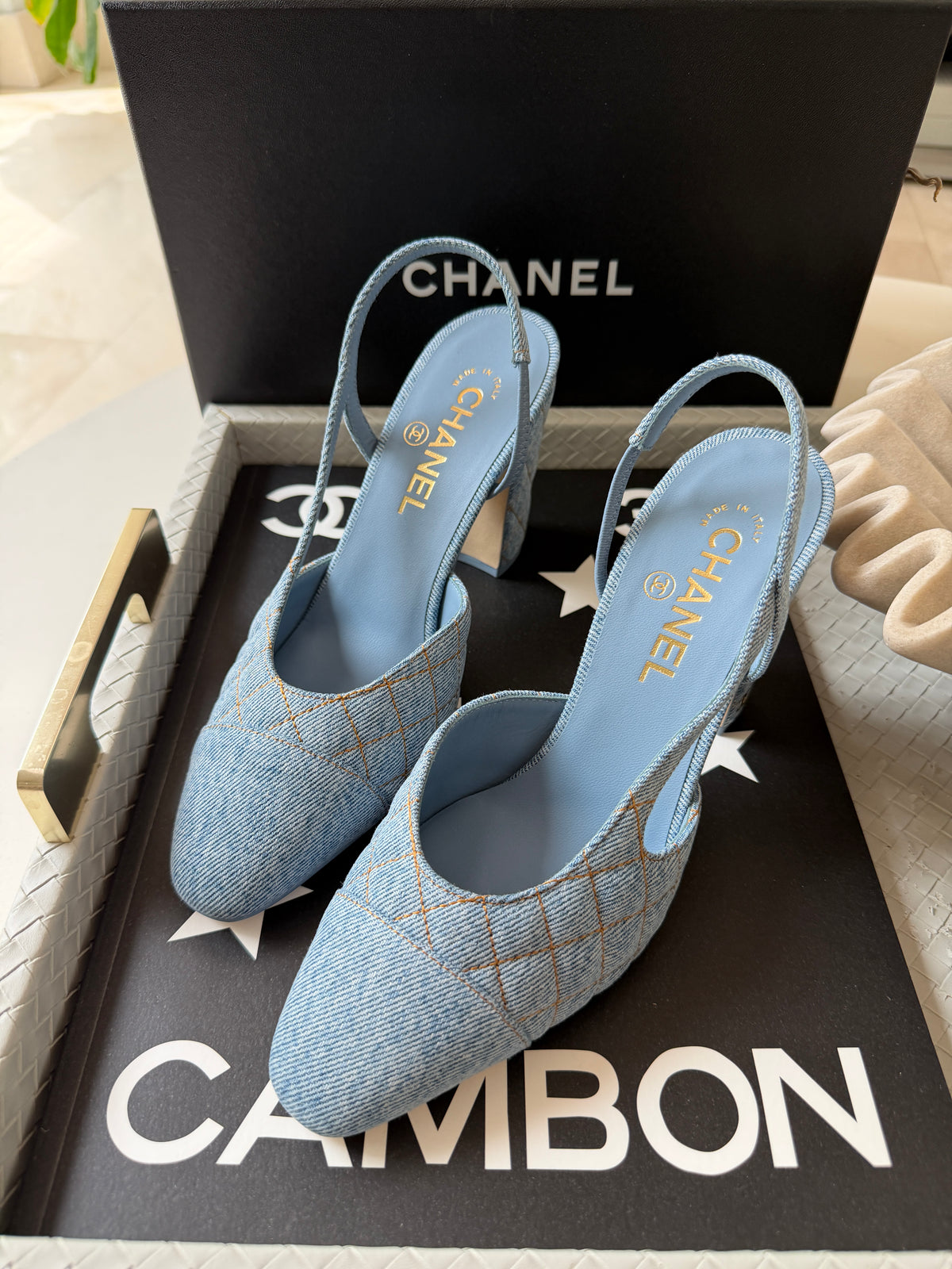 Chanel 26B CC Logo Light Blue Quilted Denim Jean Slingback Pumps Chunky 90mm Heel