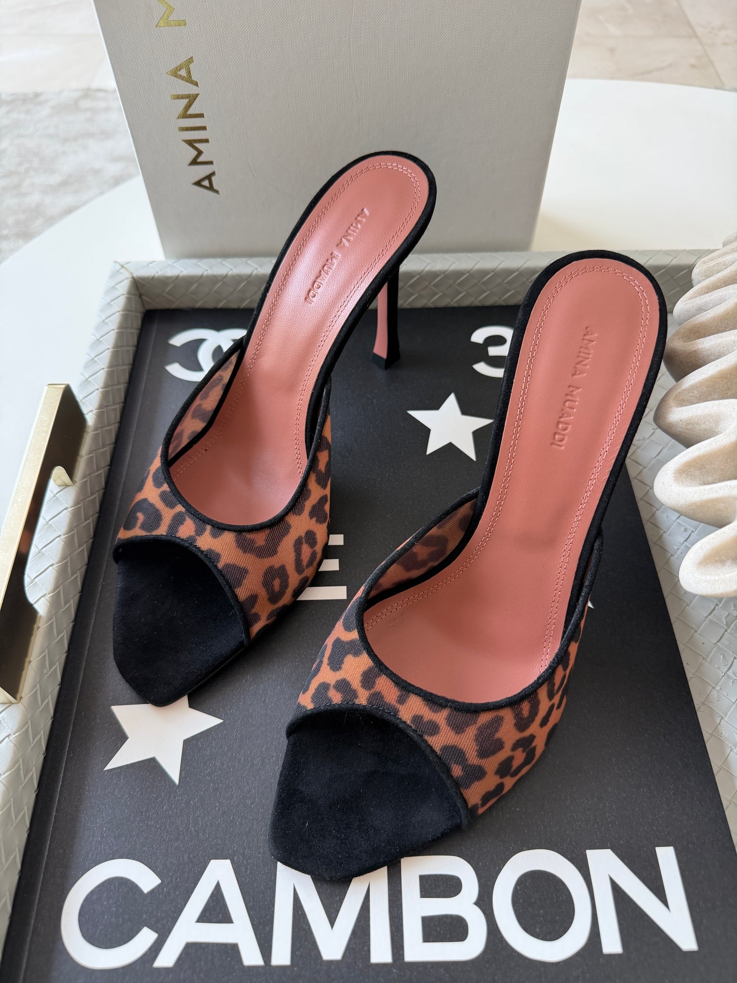 Amina Muaddi 95mm Alexa Black/Brown Leopard Print Mesh Mules Pumps Slides Animal Print Nylon Mule