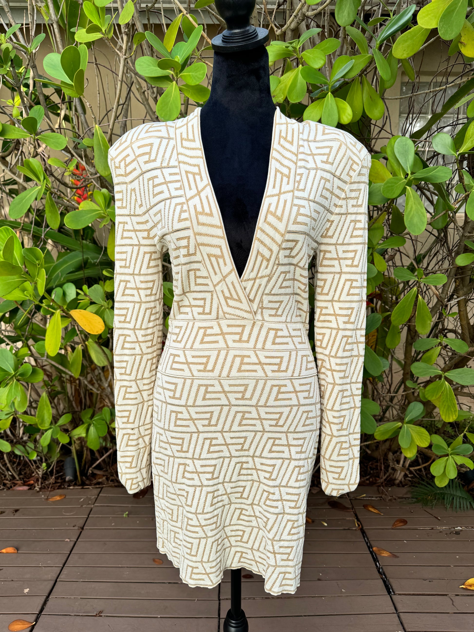 Balmain Natural Beige Gold V-neck Monogram Knitted Jacquard Mini Dress Miami Lux Boutique Balmain Natural Beige Gold V-neck Monogram Knitted Jacquard Mini Dress Miami Lux Boutique
