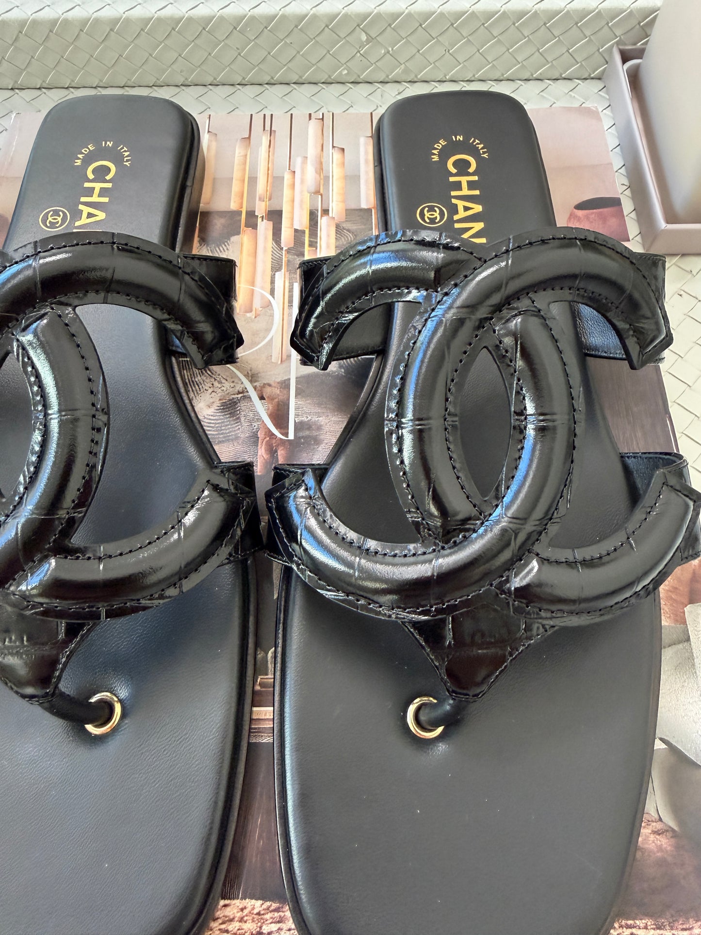 Chanel SS 26 Blazy Black Leather Croc Embossed CC Logo Slides Flat Flip Flop Mules Sandals