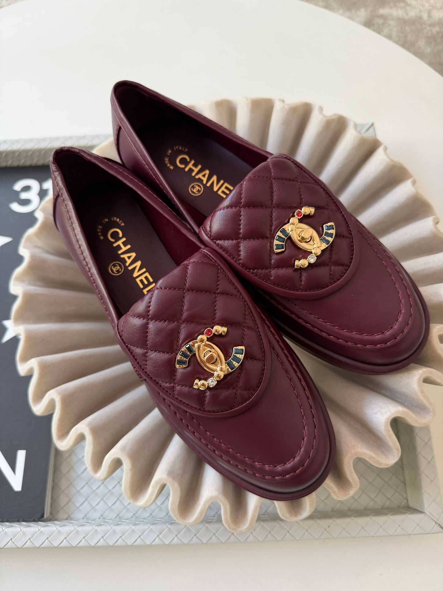 CHANEL BURGUNDY LEATHER LOAFERS OXFORD SHOES GOLD STRASS GEMS CC TURNLOCK MOCCASINS