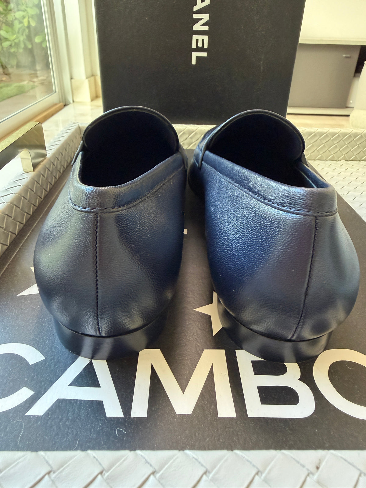 Chanel 2024 Classic Lambskin Leather Navy Blue Enamel CC Logo Moccasins Loafers Flats Shoes
