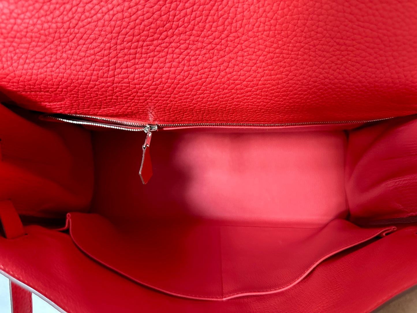 Hermes Kelly 35 Rouge Tomate Red Retourne Togo Leather Palladium Hardware PHW Bag Handbag