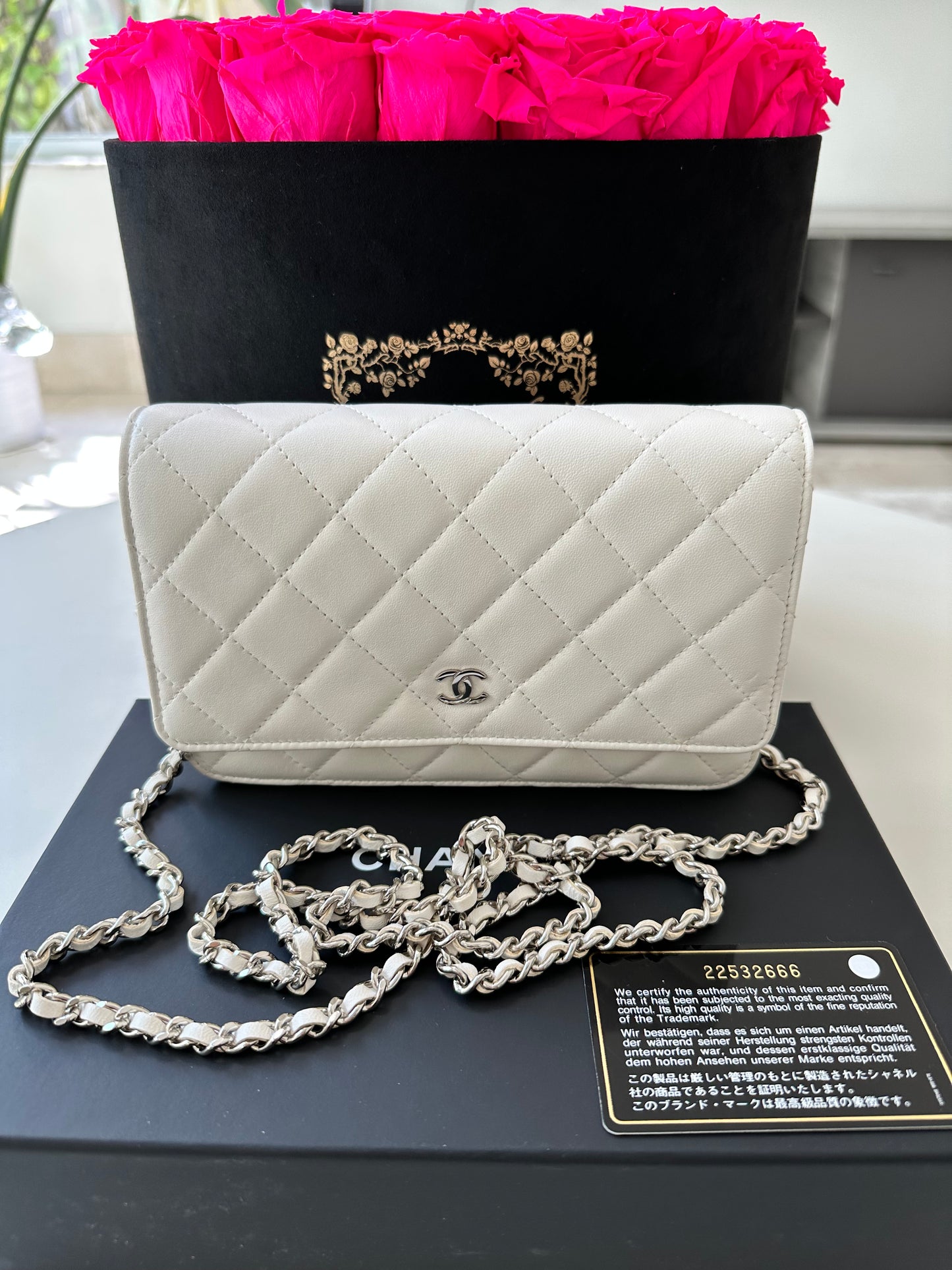 Chanel White Lambskin Leather WOC Small Chain Wallet Silver HW Cross Body Bag