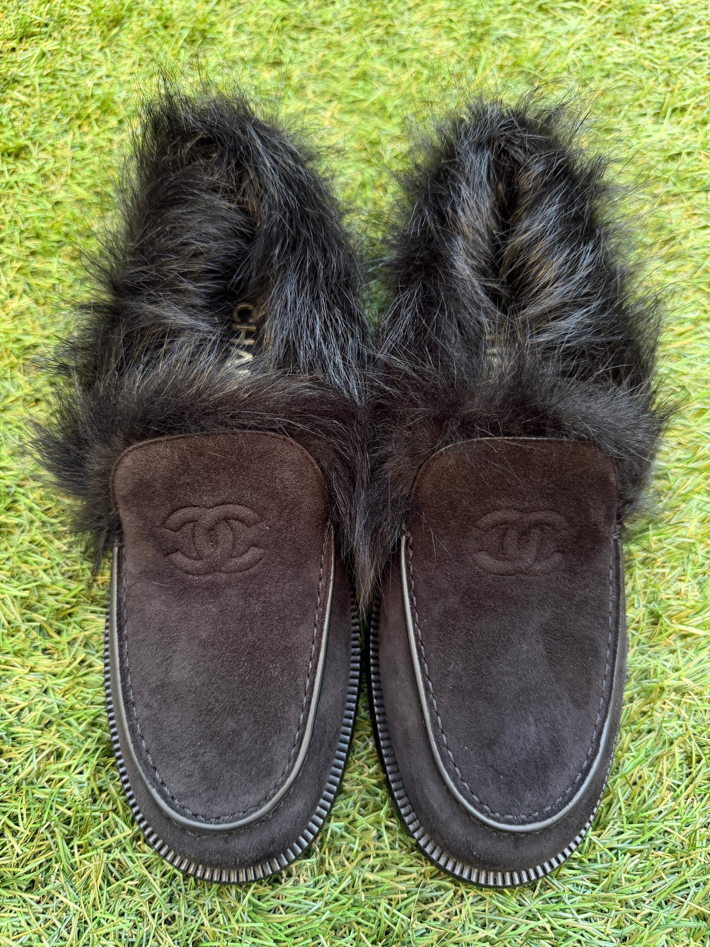 CHANEL COCO NEIGE 25/26 BLACK SUEDE LEATHER FUR SHEARLING LOAFERS MOCCASSINS
