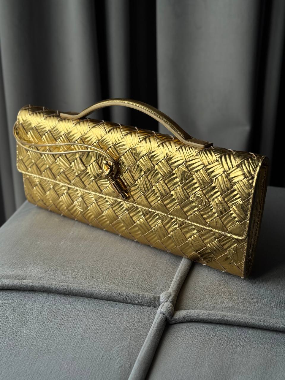 Bottega Veneta Andiamo Gold Metallic Bark Calfskin Top Handle Clutch Handbag Purse