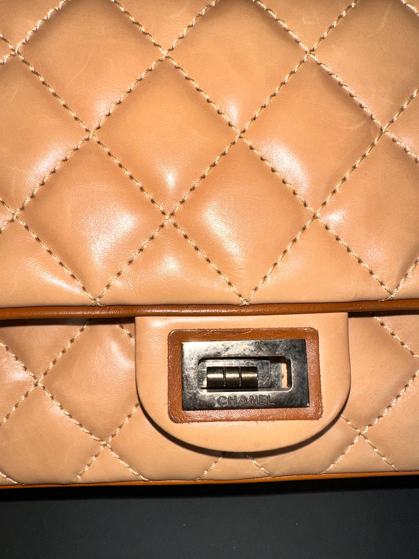 Chanel Reissue 226 Medium Double Flap Beige Two Tone Lambskin Quilted Handbag Bag Pre-Owned