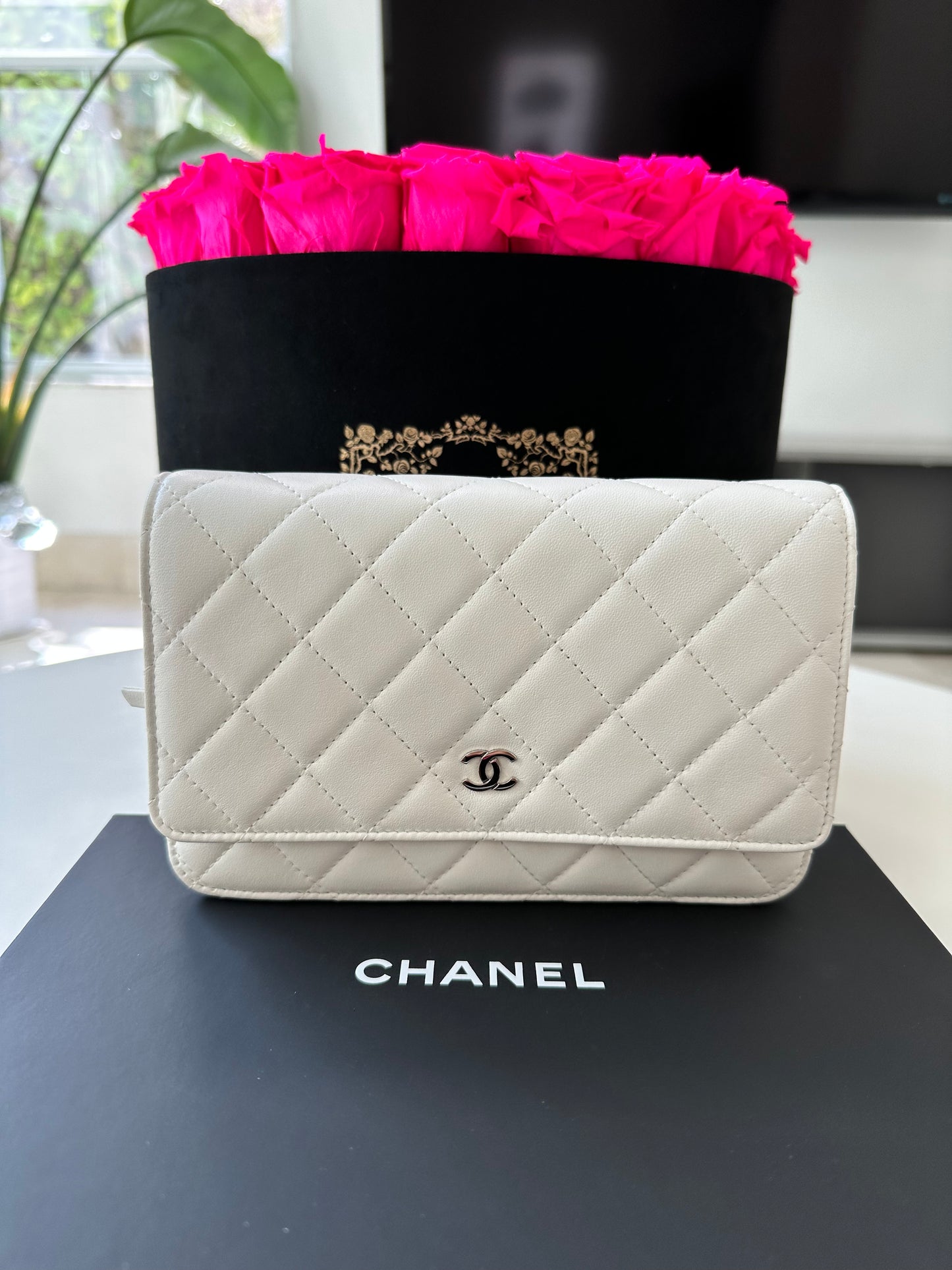 Chanel White Lambskin Leather WOC Small Chain Wallet Silver HW Cross Body Bag