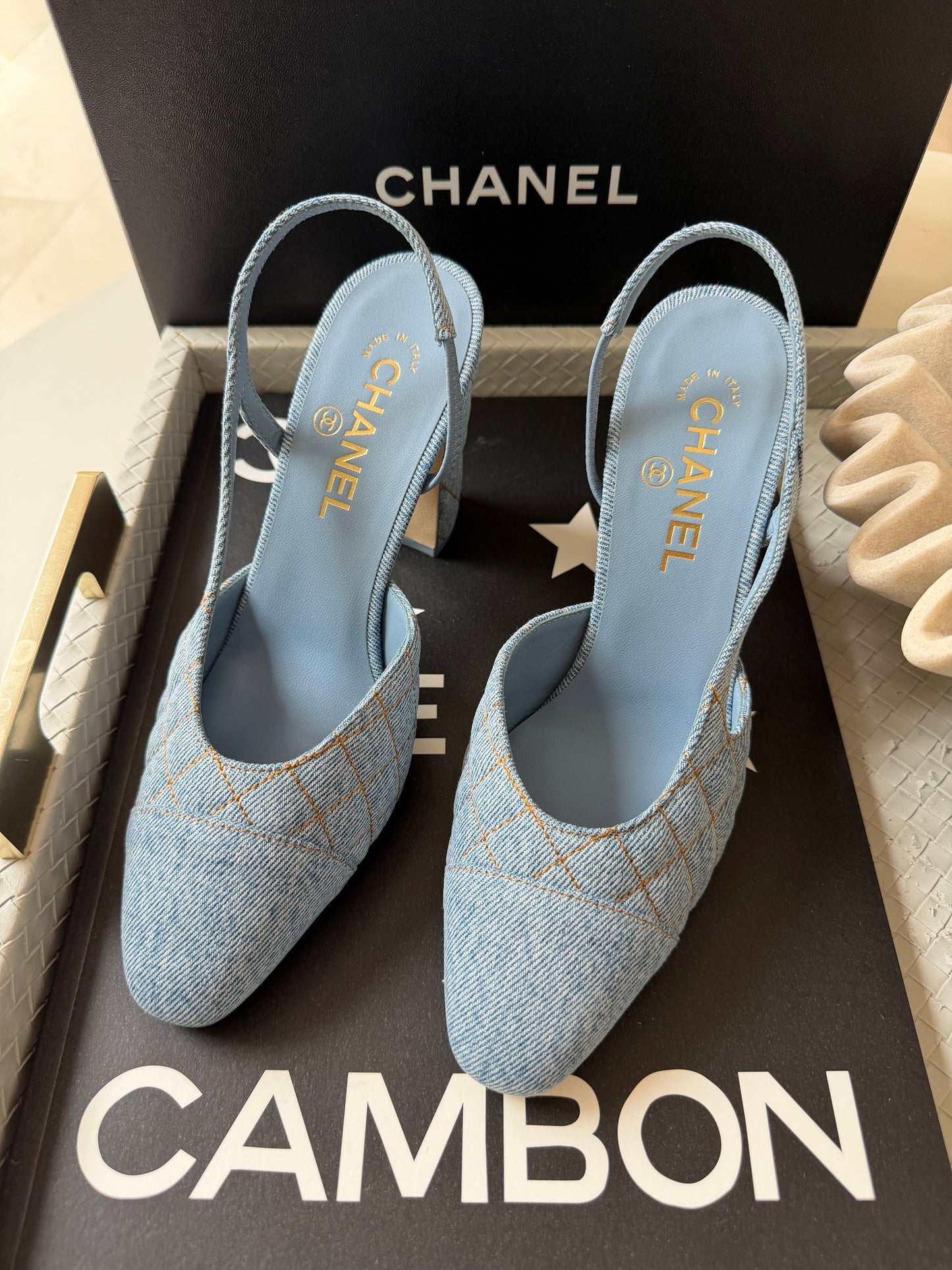 Chanel 26B CC Logo Light Blue Quilted Denim Jean Slingback Pumps Chunky 90mm Heel