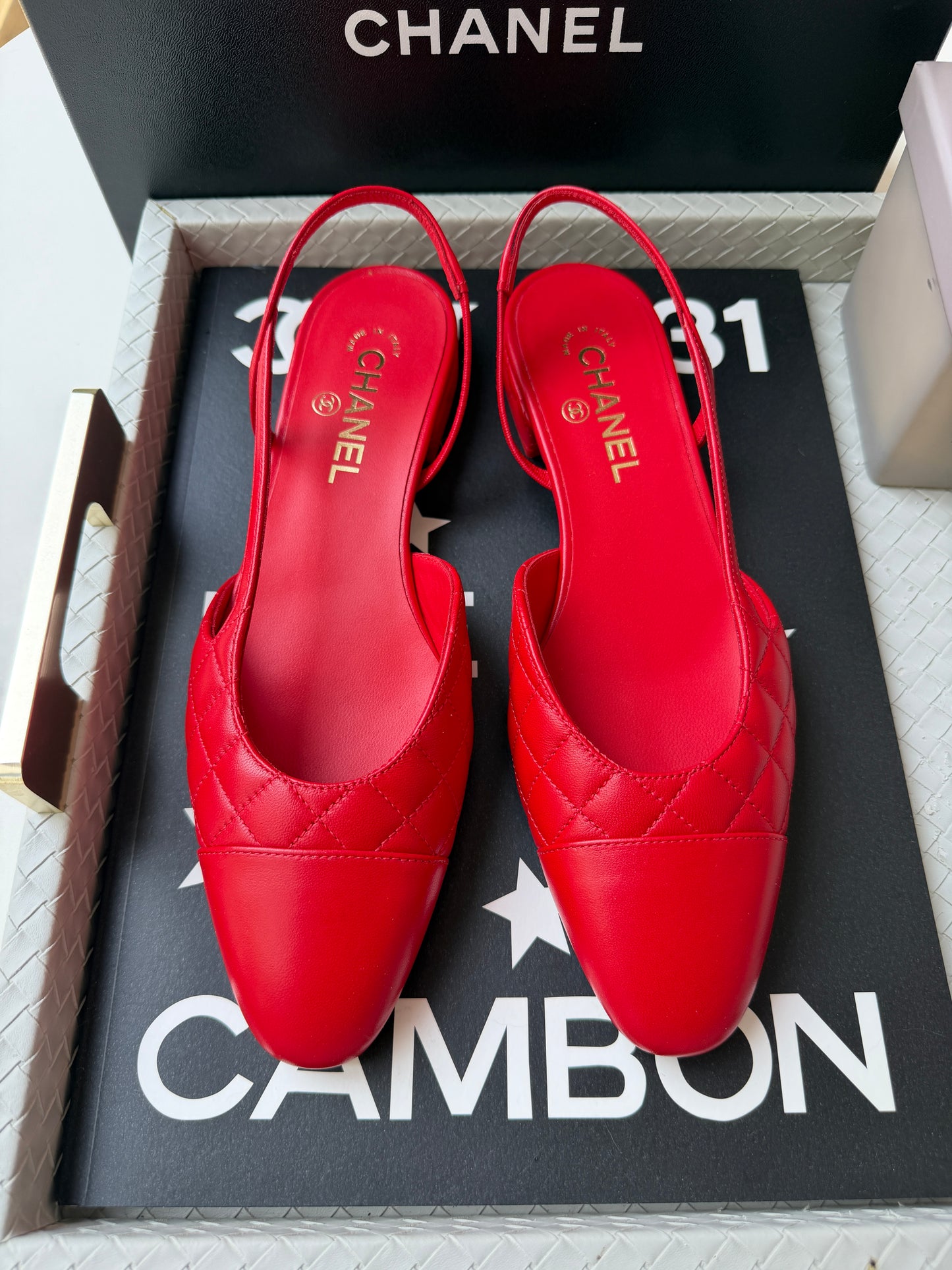Chanel 26B Red Agneau Rouge Quilted Lambskin Leather Slingback Sling CC Flats