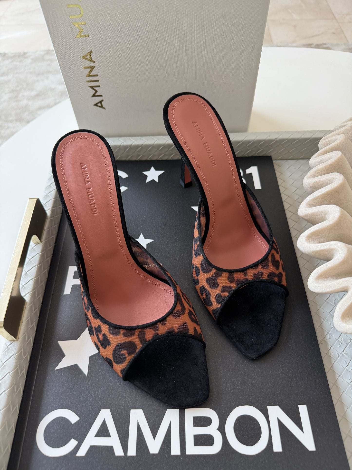 Amina Muaddi 95mm Alexa Black/Brown Leopard Print Mesh Mules Pumps Slides Animal Print Nylon Mule