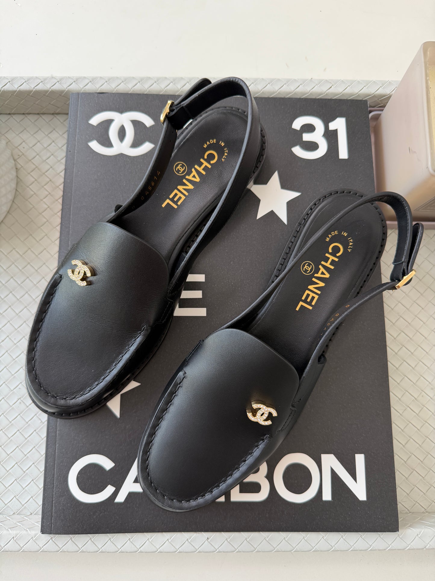 Chanel Metiers D’art 26 Strass CC Logo Black Leather Slingback Loafers Flats