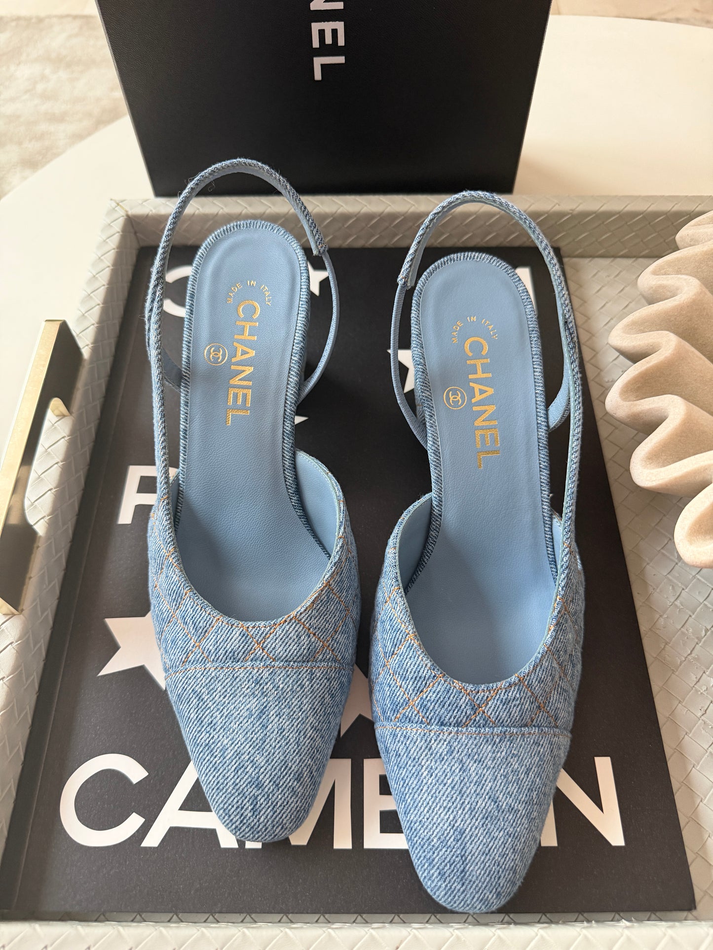 Chanel 26B CC Logo Light Blue Quilted Denim Jean Slingback Pumps Chunky Heel