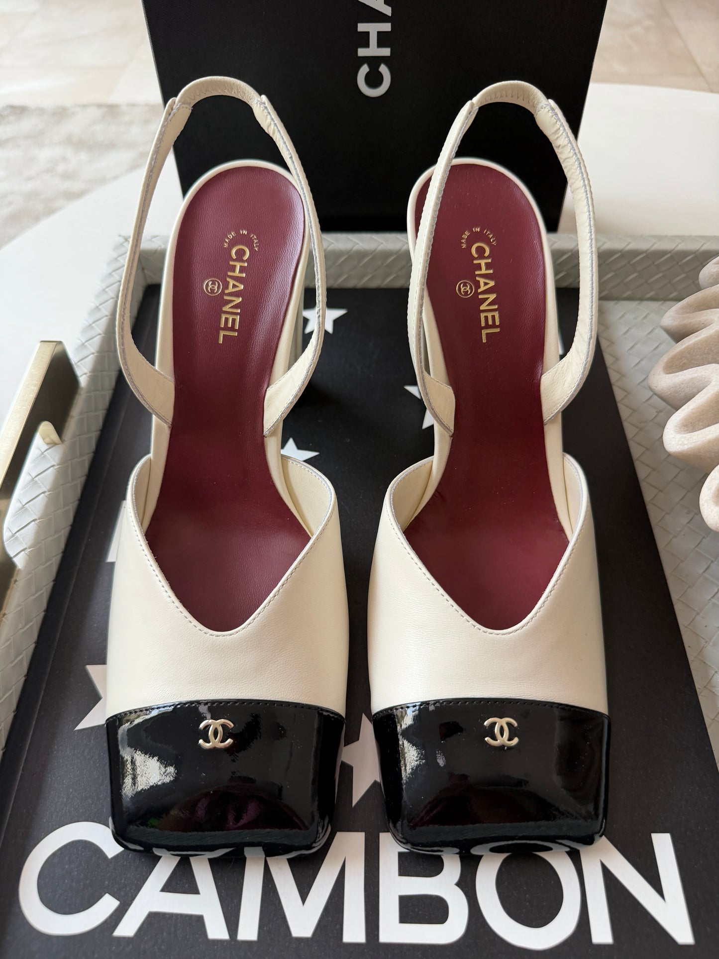 Chanel 26S Blazy Ivory Ecru Black Square Cap Toe Sling CC Slingback Chunky Heel Pumps