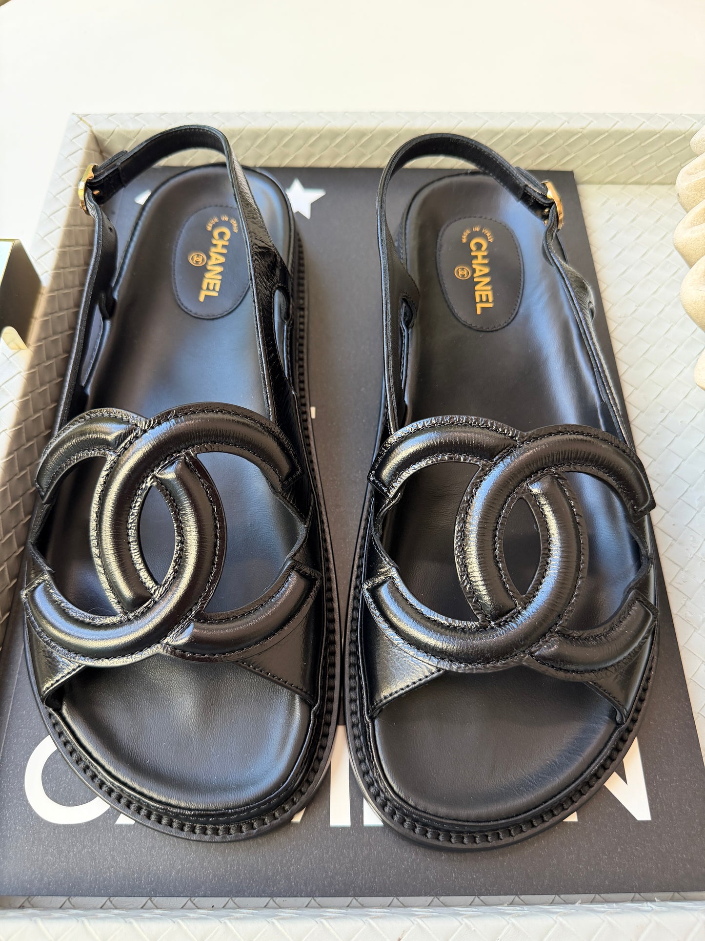 Chanel FW 26 Blazy Crumpled Shiny Lambskin Leather Black CC Logo Dad Sandals Slingbacks
