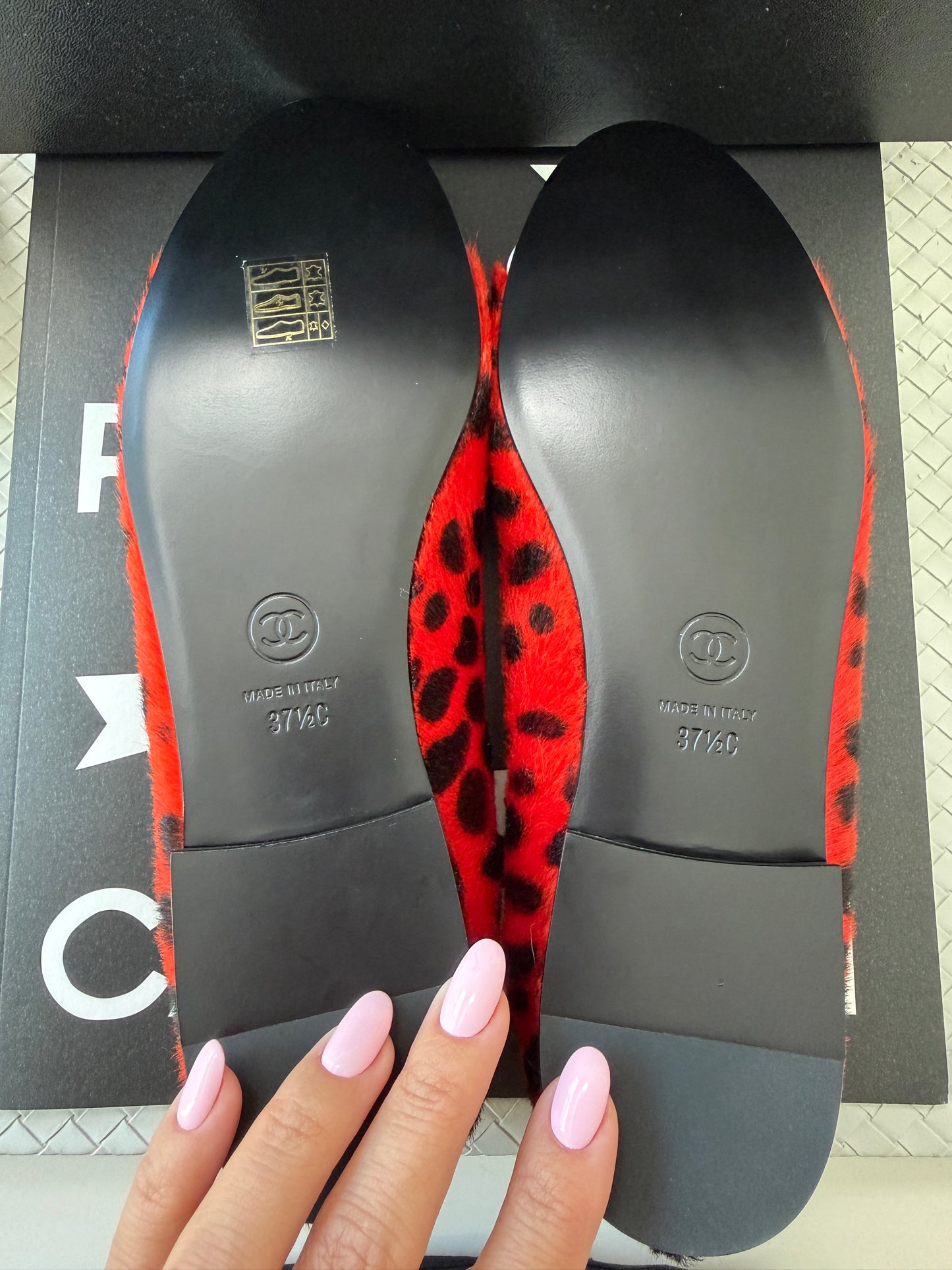 Chanel MÉTIERS D’ART 26 Red Orange Black White Pony Hair Animal Print Ballet Flats