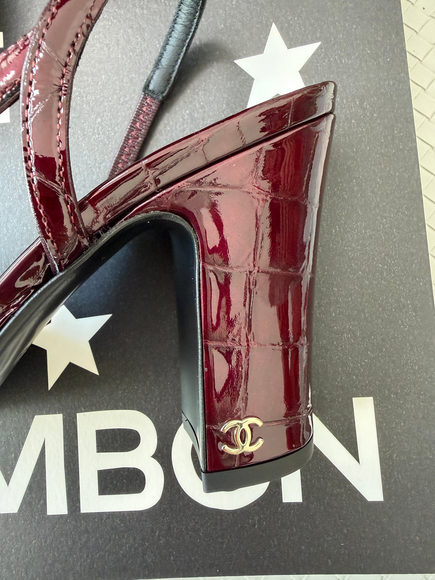 Chanel 26A Coco Sling Burgundy Bordeaux Fonce Croc Embossed Patent Leather Slingback Metiers Dart Pumps Heels