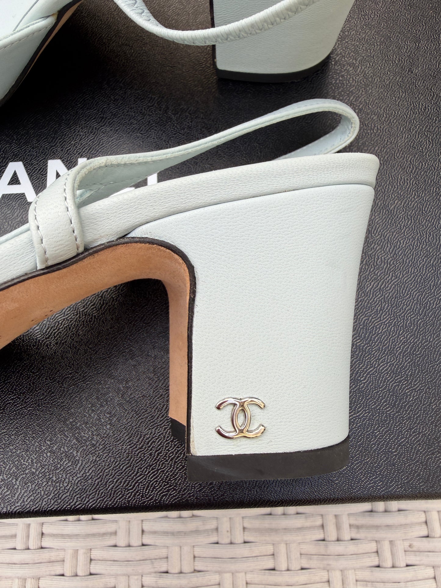 CHANEL CLASSIC LOGO LIGHT BLUE LEATHER SLINGBACK LOW HEEL SLINGBACKS CAP TOE