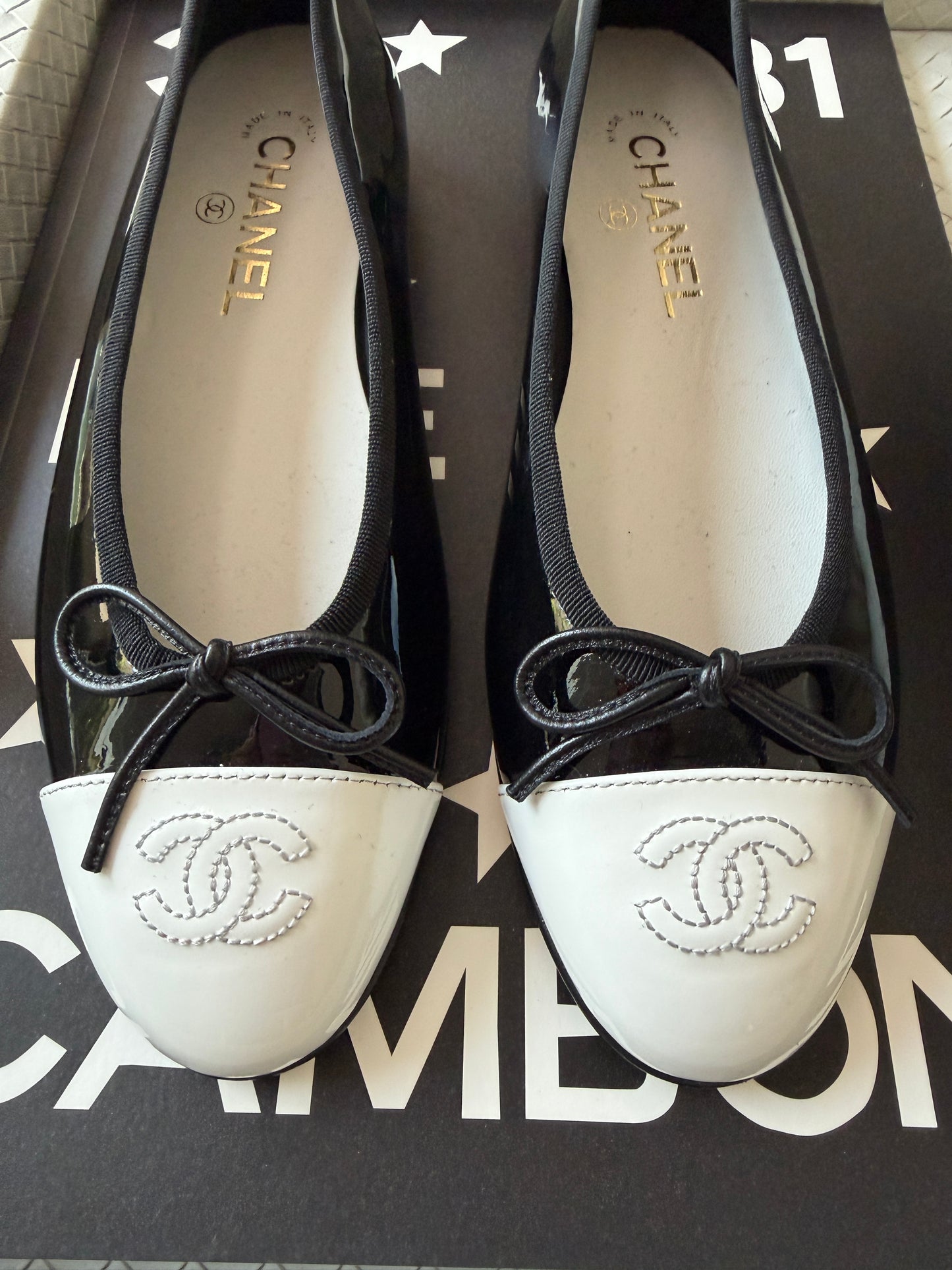 Chanel 26 Black Patent Leather White Cap Toe CC Logo Flat Ballet Ballerina Flats