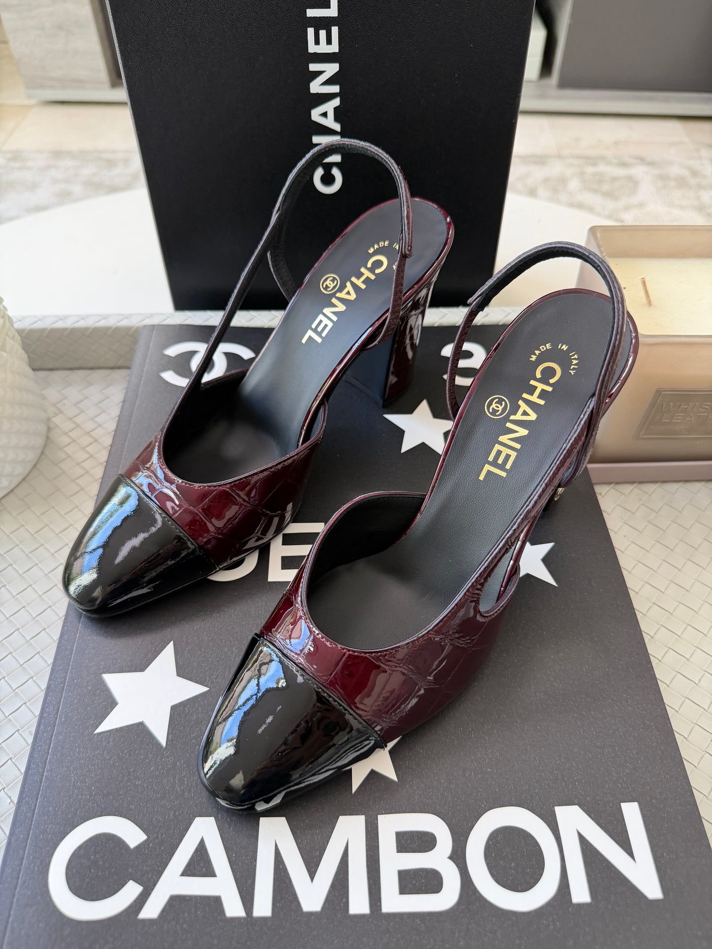 Chanel 26A Coco Sling Burgundy Bordeaux Fonce Croc Embossed Patent Leather Slingback Metiers Dart Pumps Heels