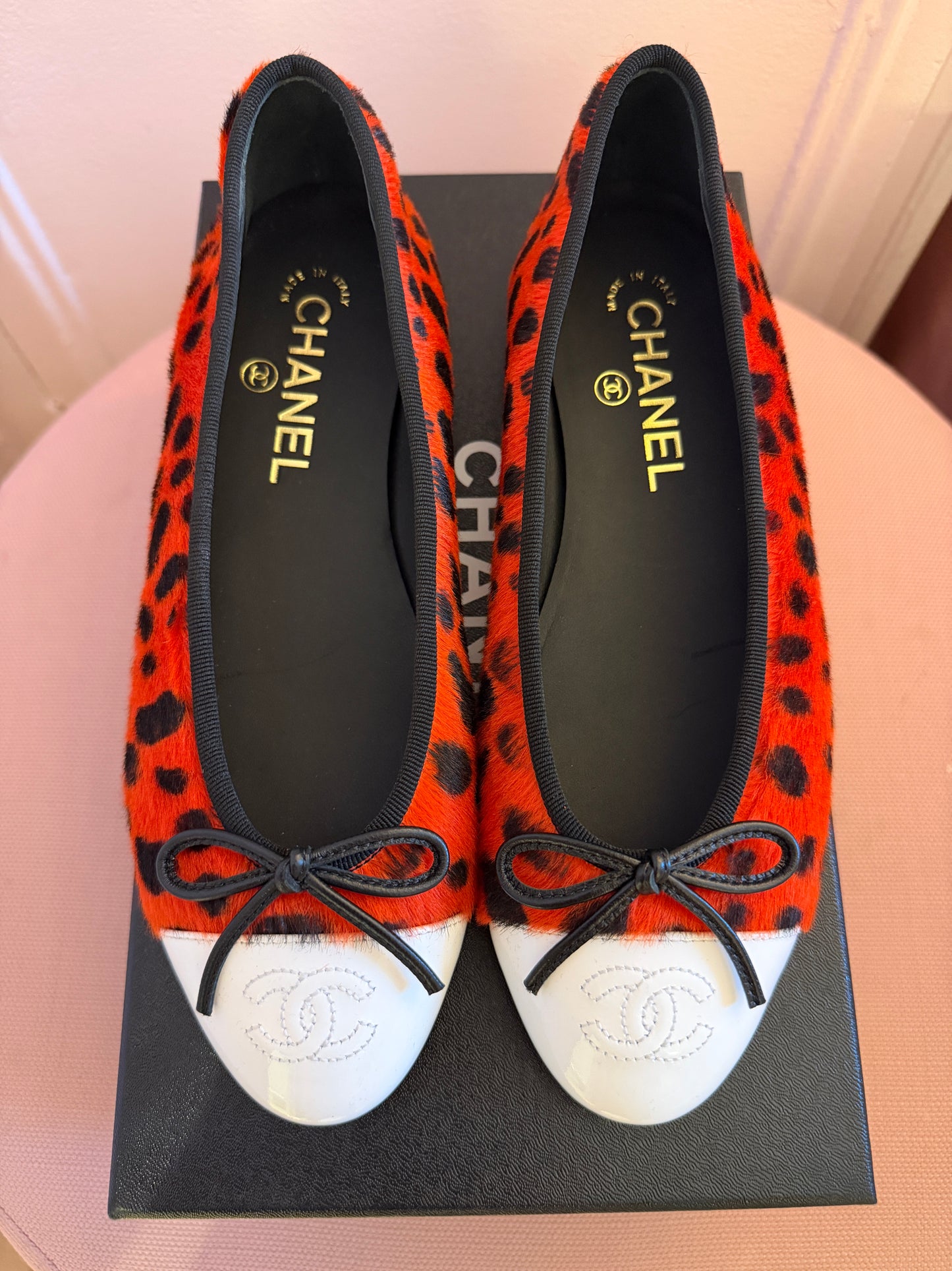 Chanel MÉTIERS D’ART 26 Red Orange Black White Pony Hair Animal Print Ballet Flats