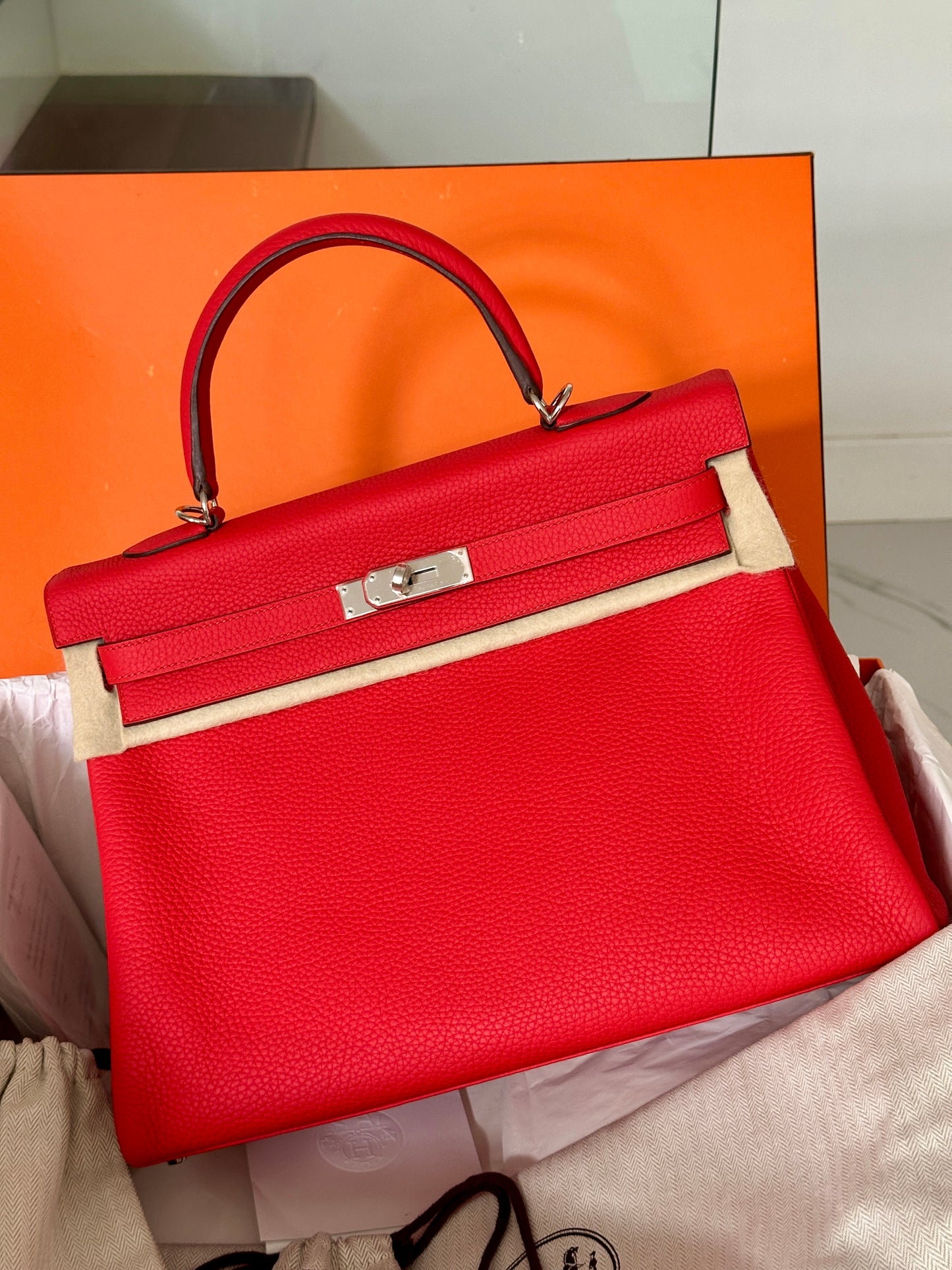 Hermes Kelly 35 Rouge Tomate Red Retourne Togo Leather Palladium Hardware PHW Bag Handbag