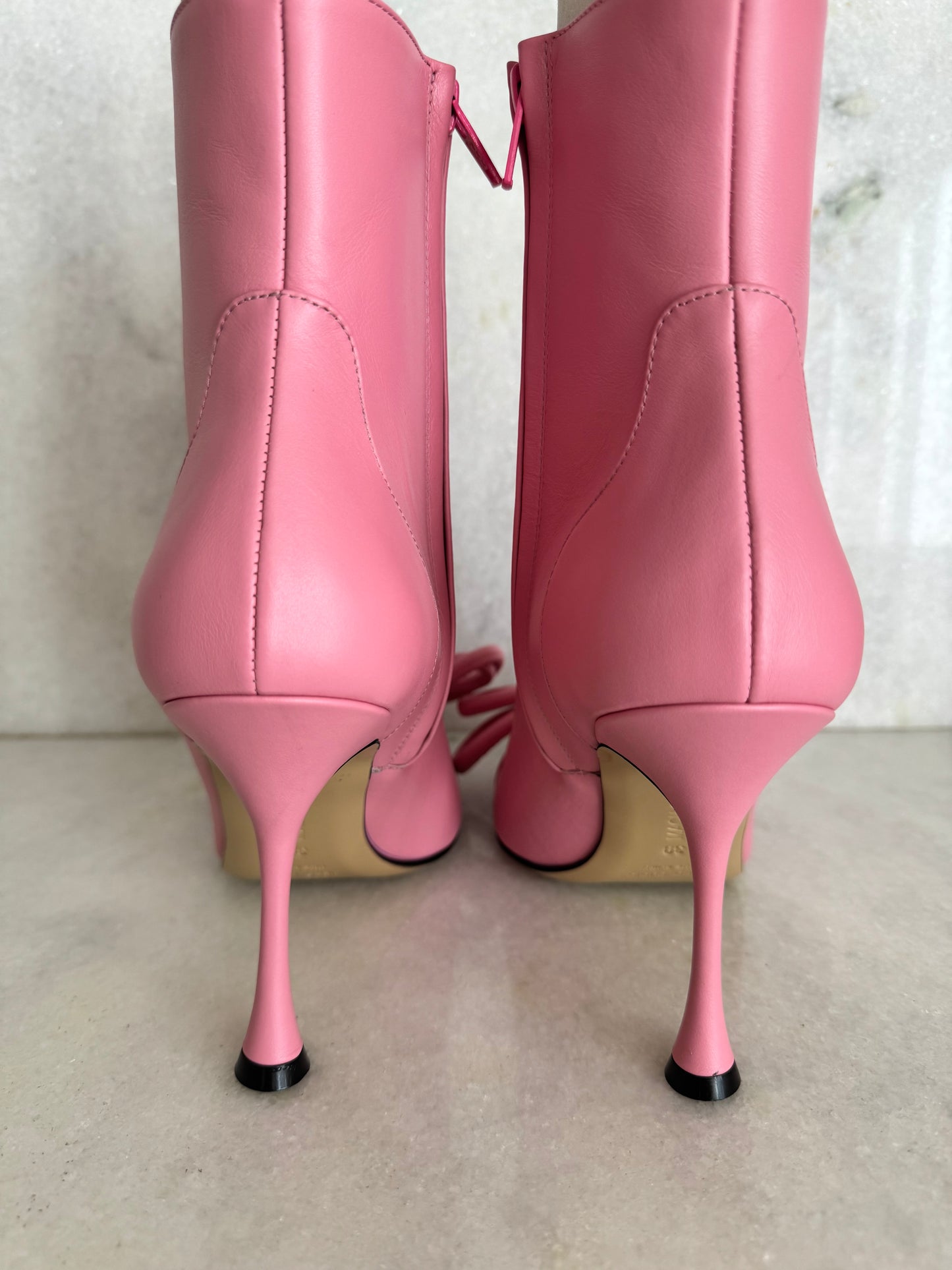 Mach & Mach Double Bow Pink Leather Pointed Toe Boots Booties