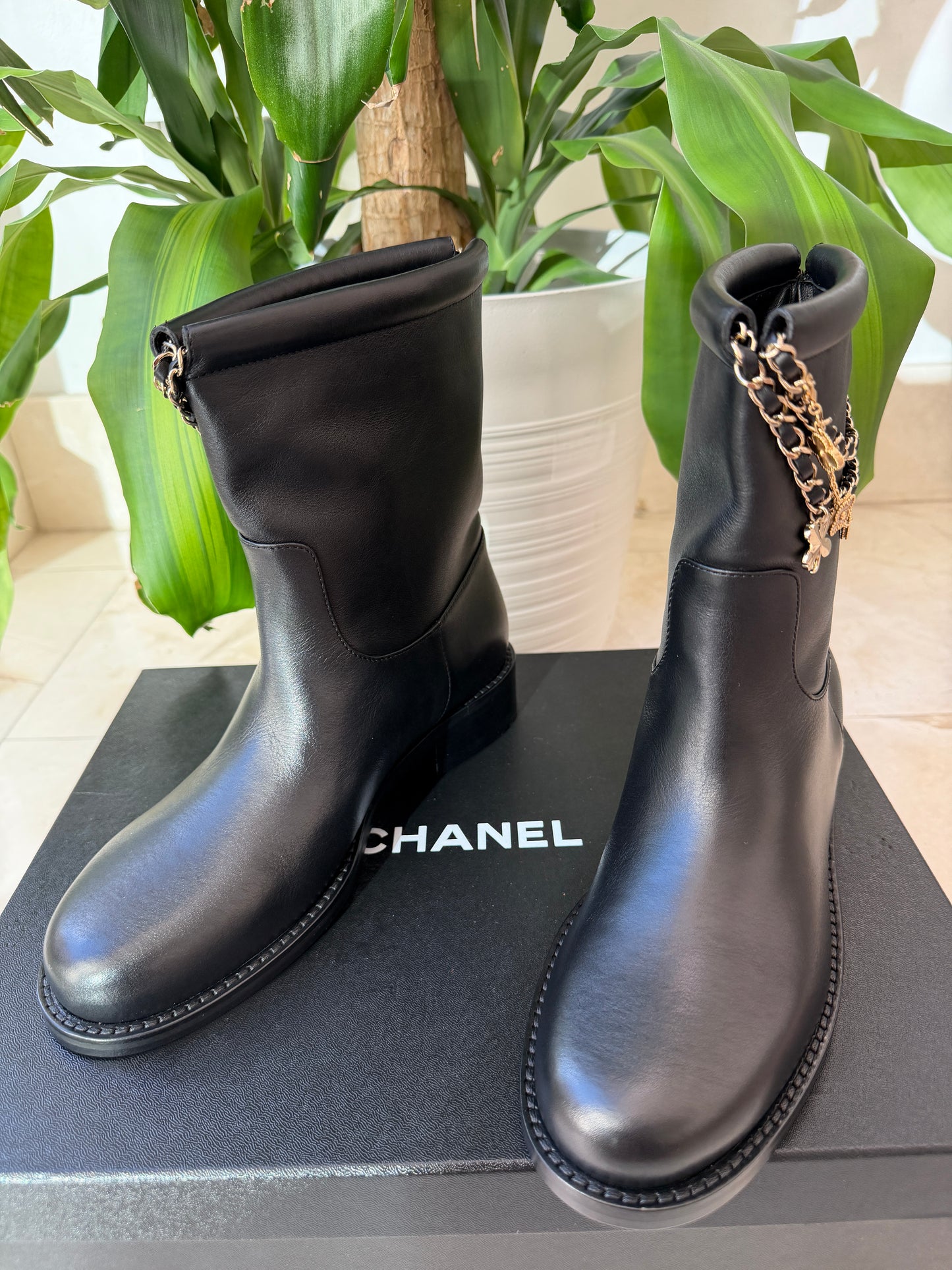 Chanel Calfskin CC Chain Logo Clover Gold Chain Charms Black Leather Boots Ankle Flat Booties
