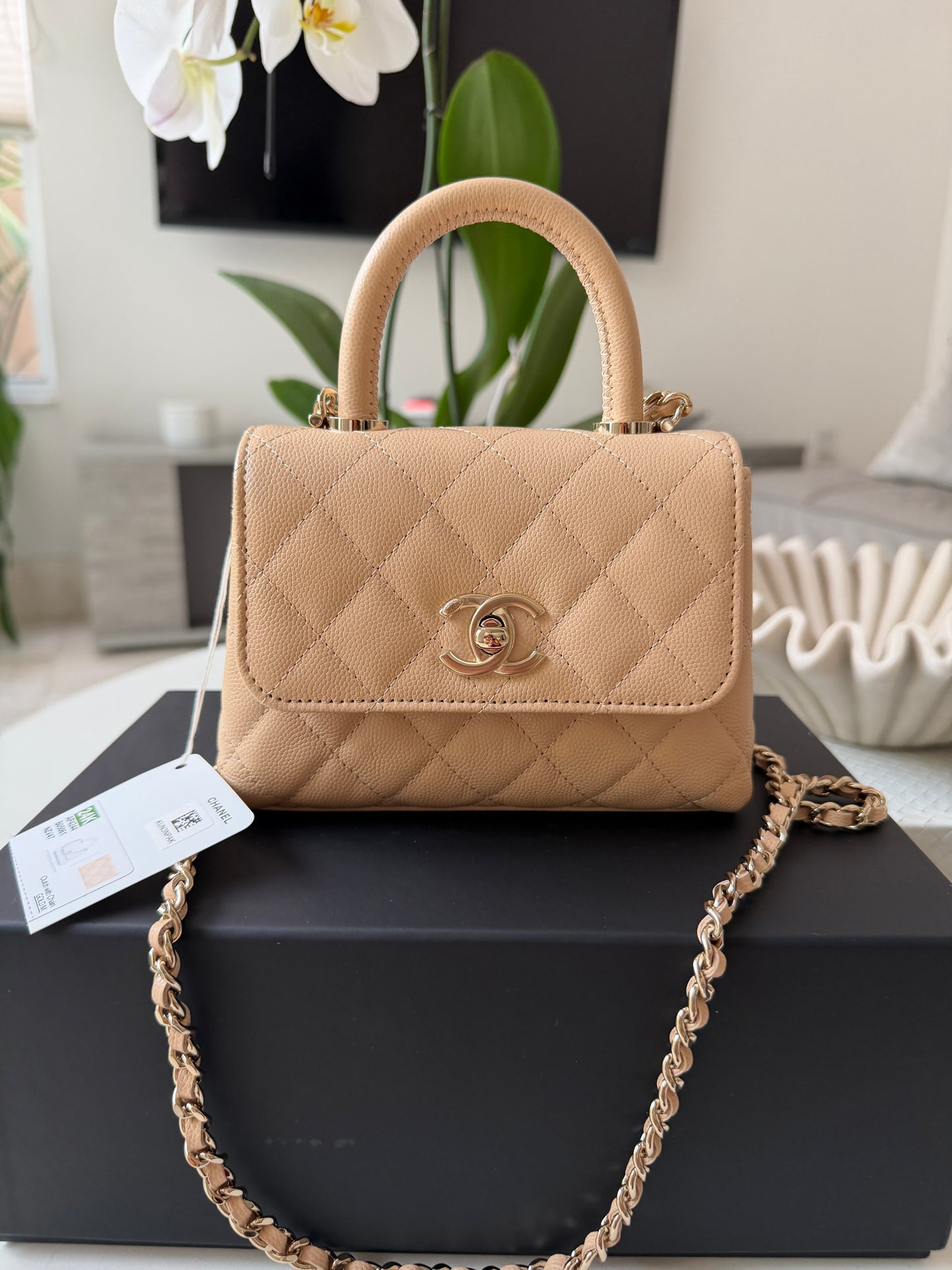 Chanel 24K AP4244 Micro Coco Handle Extra Mini Classic Flap Bag Beige Caviar Clutch with Chain Gold HW