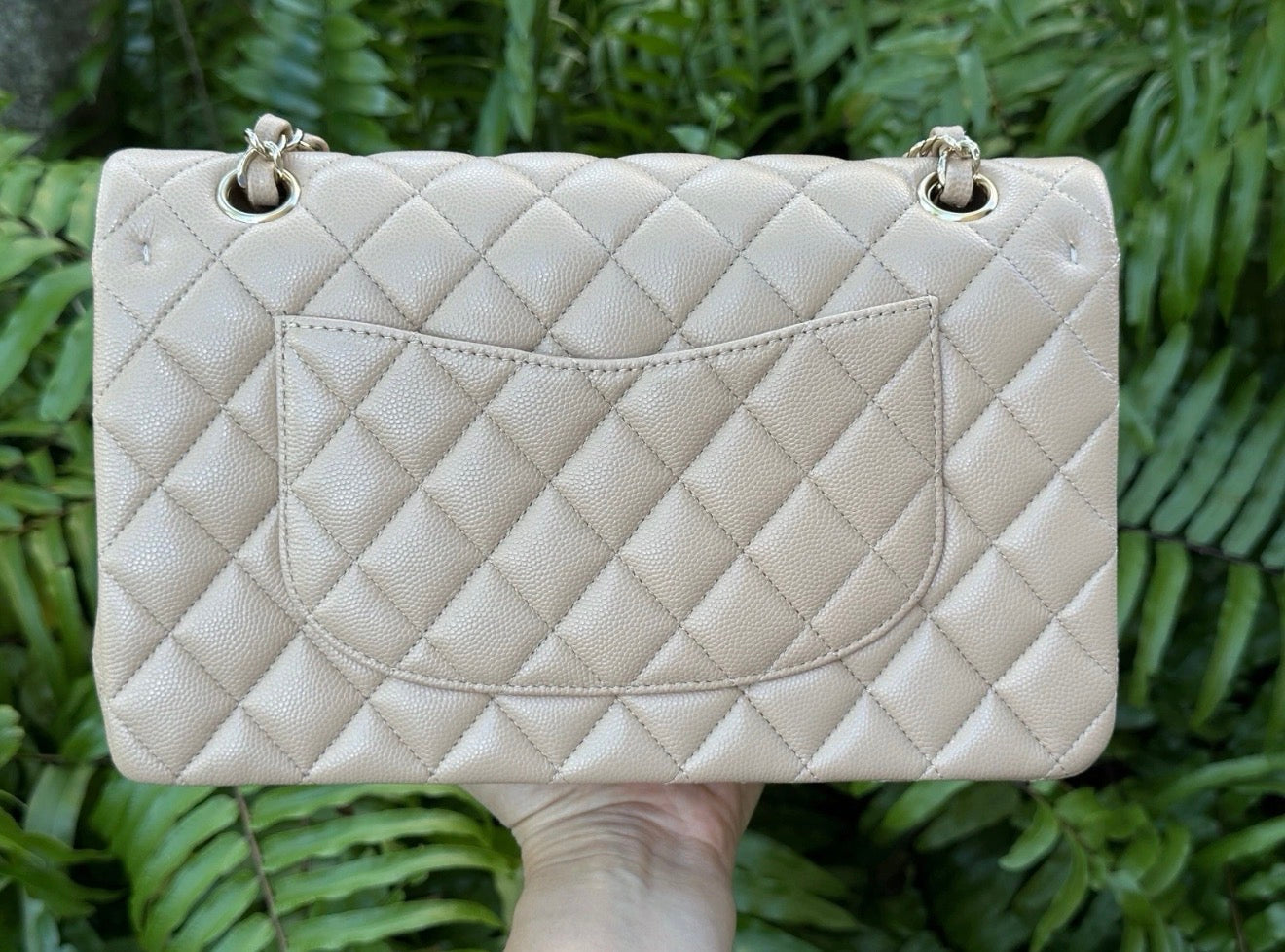 CHANEL DARK BEIGE CAVIAR LEATHER MEDIUM CLASSIC DOUBLE FLAP BAG LIGHT GOLD HARDWARE