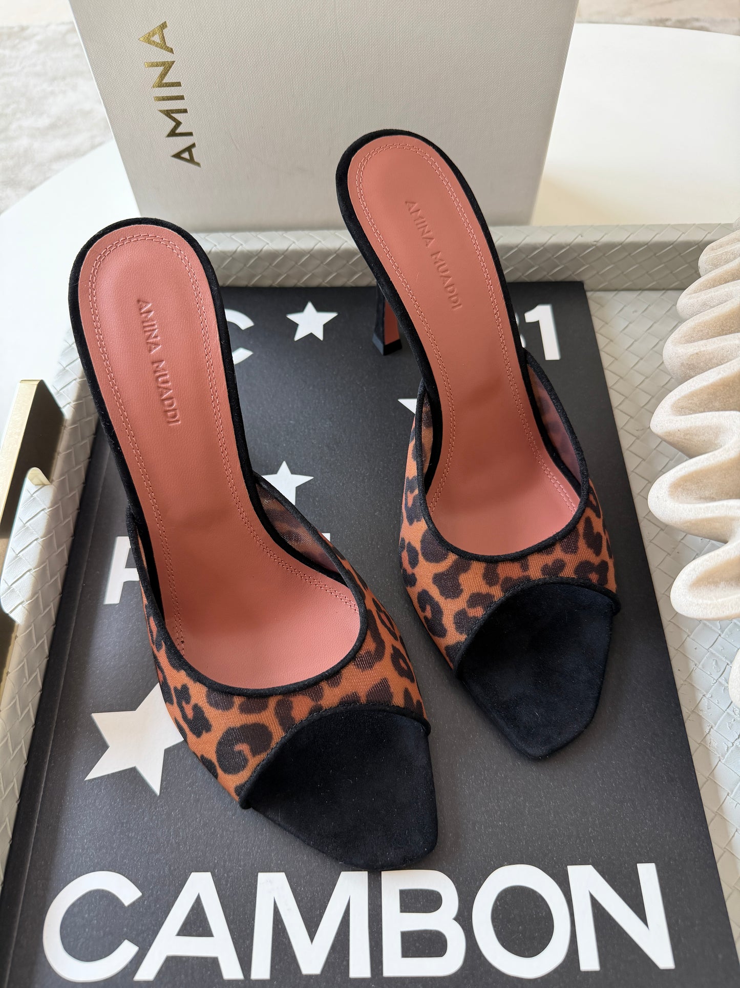 Amina Muaddi 95mm Alexa Black/Brown Leopard Print Mesh Mules Pumps Slides Animal Print Nylon Mule